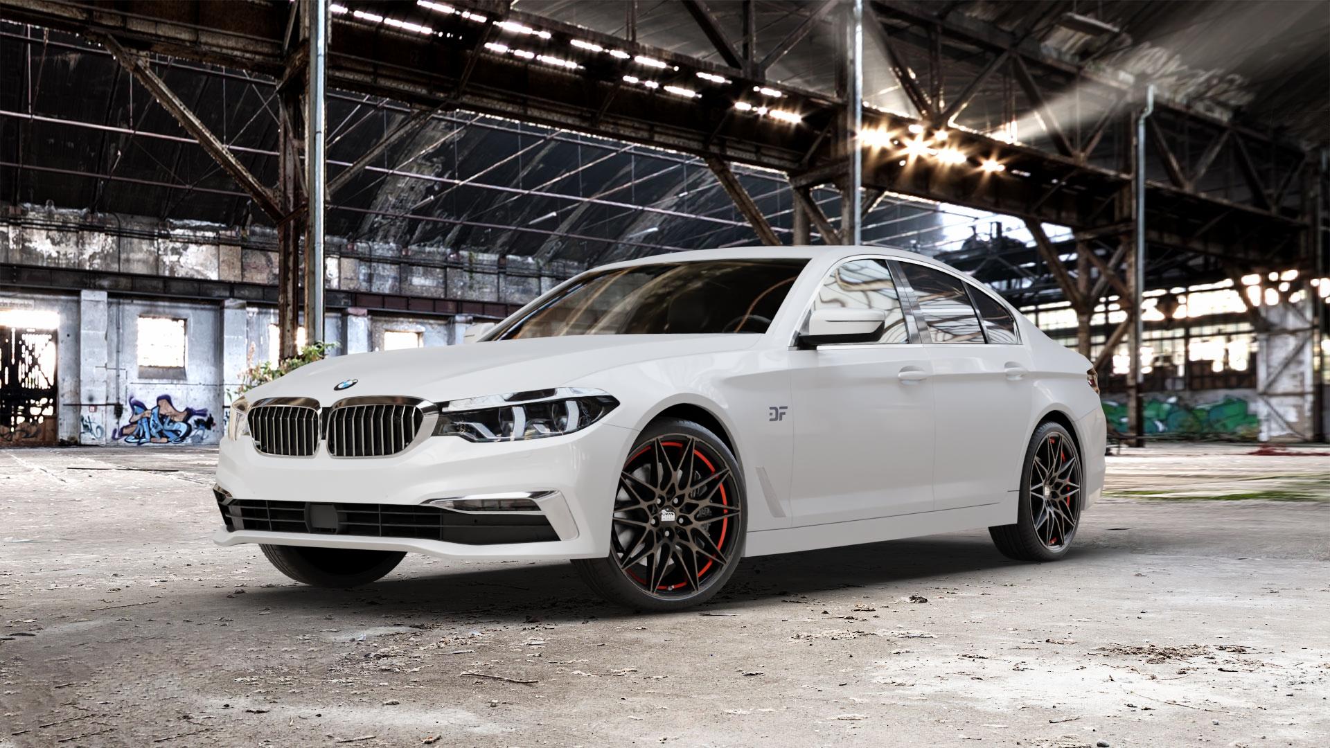 MAM B2 BRONZE RED INSIDE Felge mit Reifen rot in 20Zoll Winterfelge Alufelge auf weissem BMW 5er G30 Limousine (G5L) ⬇️ mit 15mm Tieferlegung ⬇️ Old Industrial Hall_max_5300mm_2024 Frontansicht_1