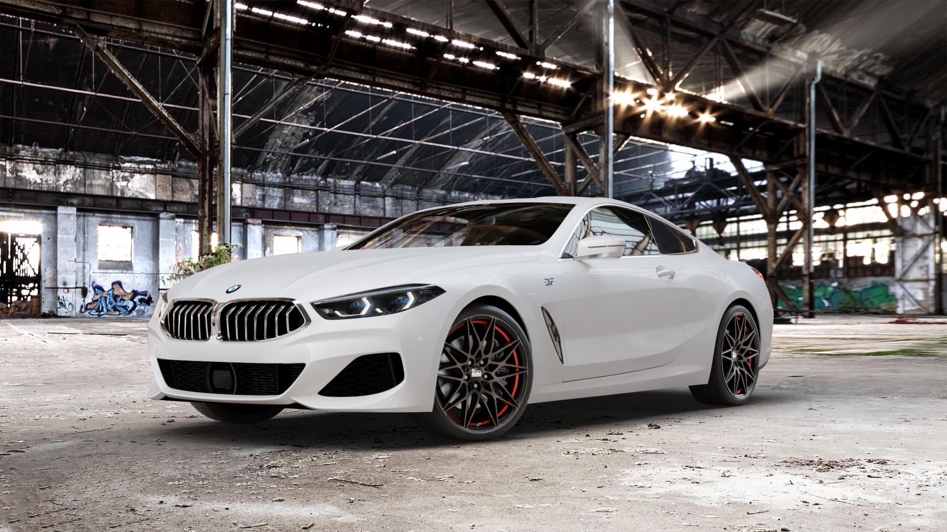 MAM B2 BRONZE RED INSIDE Felge mit Reifen rot in 20Zoll Winterfelge Alufelge auf weissem BMW 840d xDrive Typ G15 M850i 840i M8 F8CM (Coupe) 8er Coupé (G8C) ⬇️ mit 15mm Tieferlegung ⬇️ Old Industrial Hall_max_5300mm_2024 Frontansicht_1