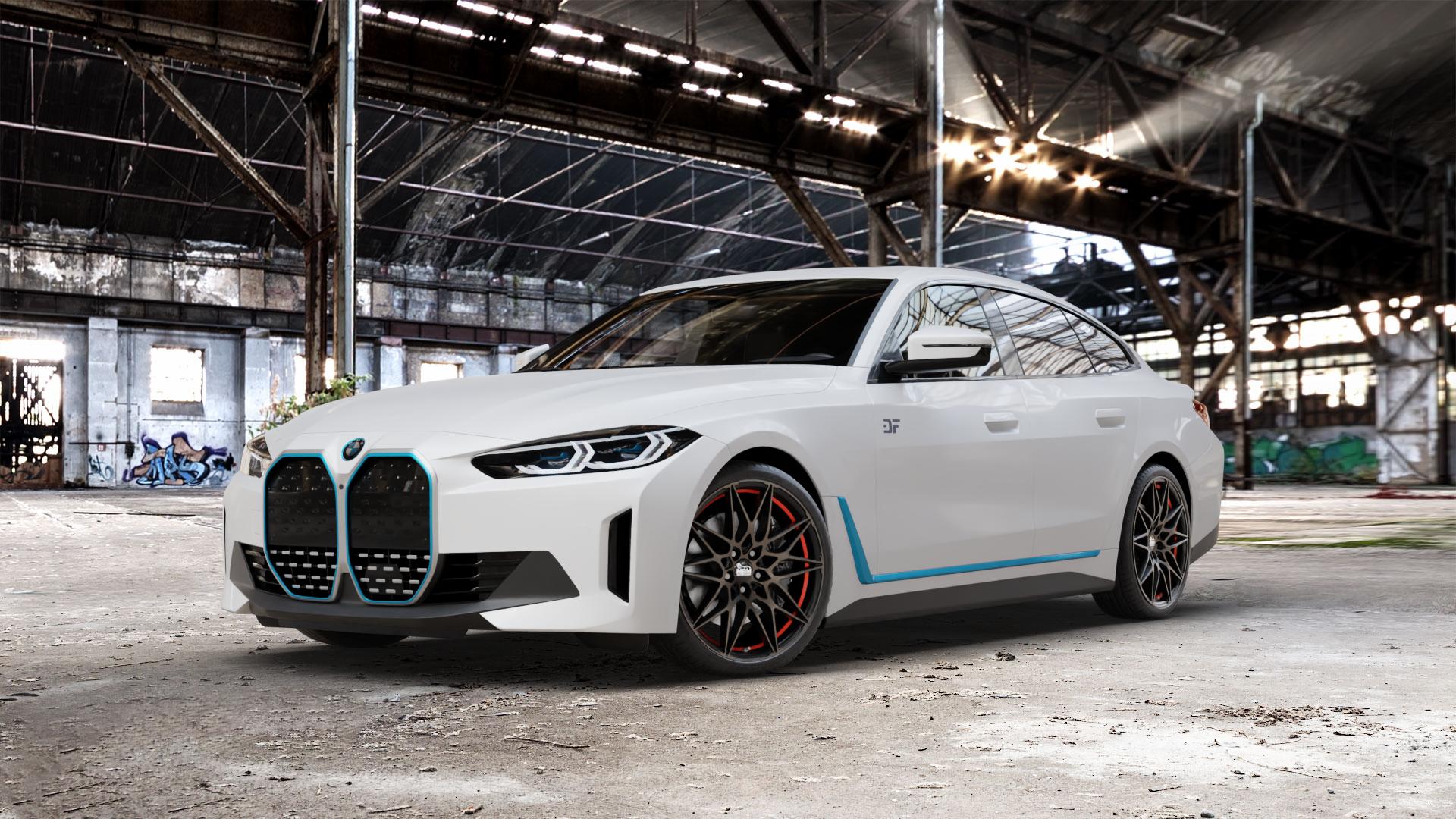 MAM B2 BRONZE RED INSIDE Felge mit Reifen rot in 20Zoll Winterfelge Alufelge auf weissem BMW i4 (G4C) ⬇️ mit 15mm Tieferlegung ⬇️ Old Industrial Hall_max_5300mm_2024 Frontansicht_1