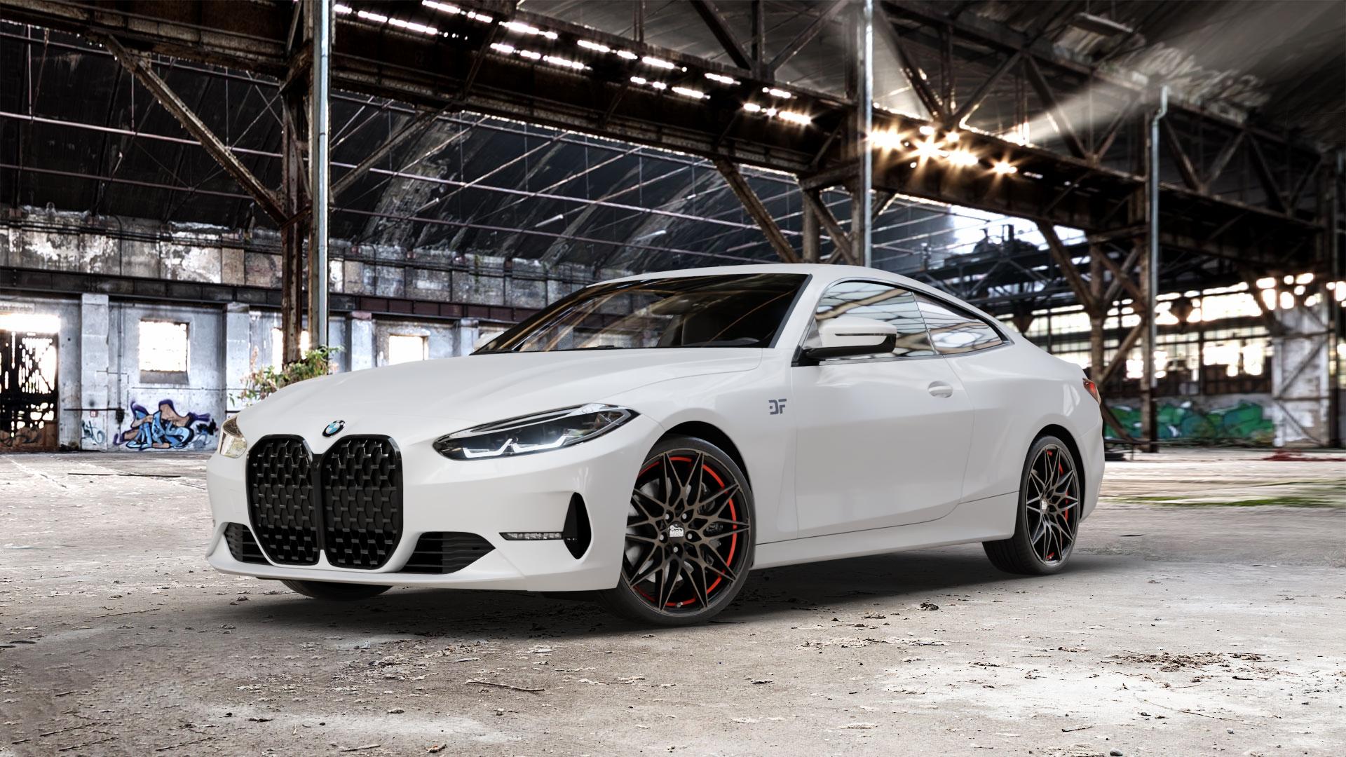 MAM B2 BRONZE RED INSIDE Felge mit Reifen rot in 20Zoll Winterfelge Alufelge auf weissem BMW M4 Typ G82 (Coupe) CSL 4er G22 Coupé (G3C) ⬇️ mit 15mm Tieferlegung ⬇️ Old Industrial Hall_max_5300mm_2024 Frontansicht_1