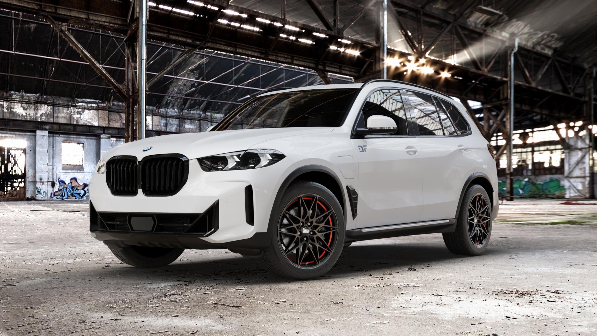 MAM B2 BRONZE RED INSIDE Felge mit Reifen rot in 20Zoll Winterfelge Alufelge auf weissem BMW X5 Typ G05 (G5X) Facelift ⬇️ mit 15mm Tieferlegung ⬇️ Old Industrial Hall_max_5300mm_2024 Frontansicht_1
