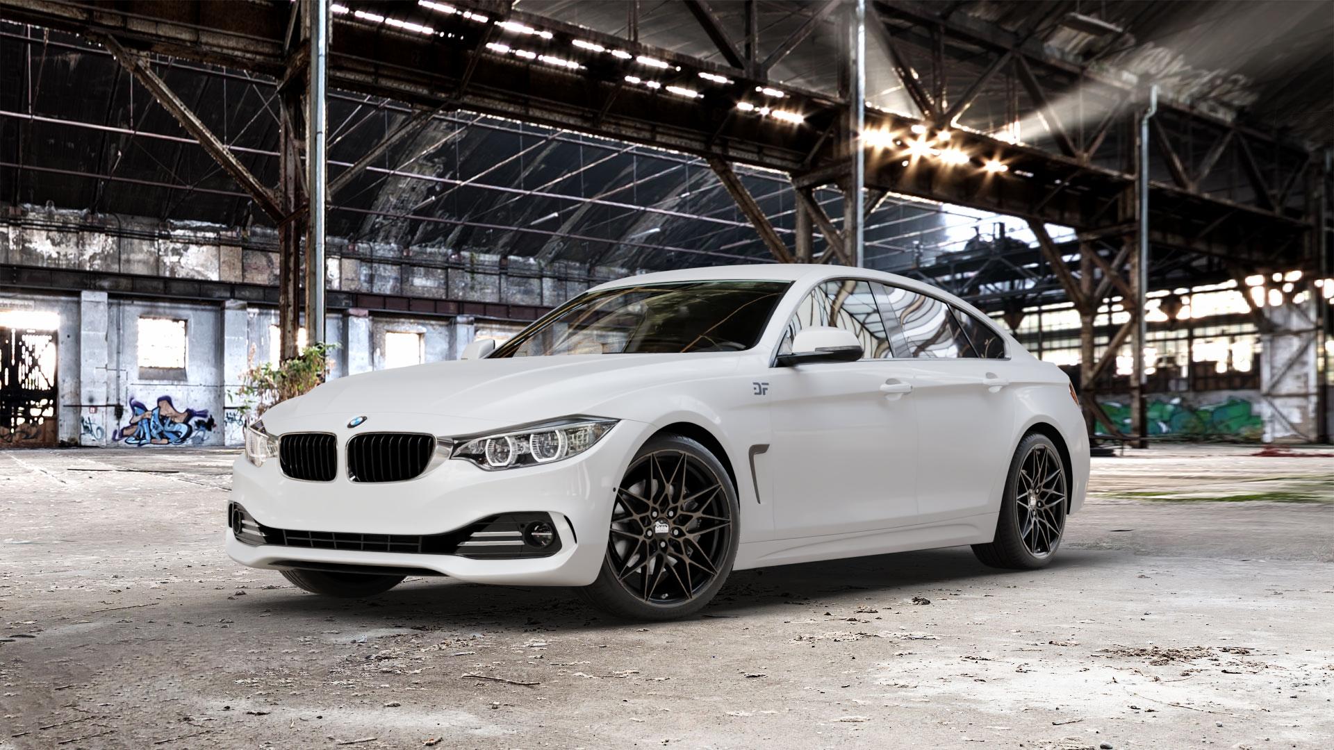 MAM B2 MATT BLACK BRONZE Felge mit Reifen schwarz in 19Zoll Winterfelge Alufelge auf weissem BMW 418d Typ F36 (Gran Coupe) 420d xDrive 420i 428i 435i 430d 440i 418i 430i 425d 4er Gran Coupe (3C) ⬇️ mit 15mm Tieferlegung ⬇️ Old Industrial Hall_max_5300mm_2024 Frontansicht_1