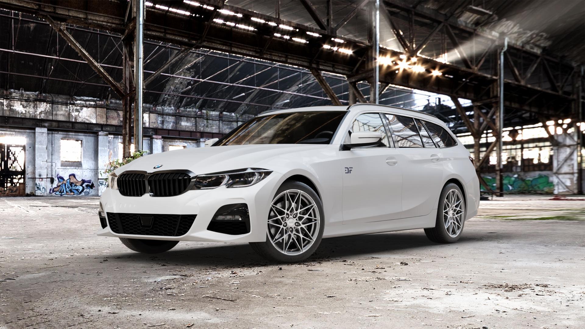 MAM B2 PALLADIUM FRONT POLISH Felge mit Reifen in 18Zoll Winterfelge Alufelge auf weissem BMW 3er G21 Touring (G3K) ⬇️ mit 15mm Tieferlegung ⬇️ Old Industrial Hall_max_5300mm_2024 Frontansicht_1