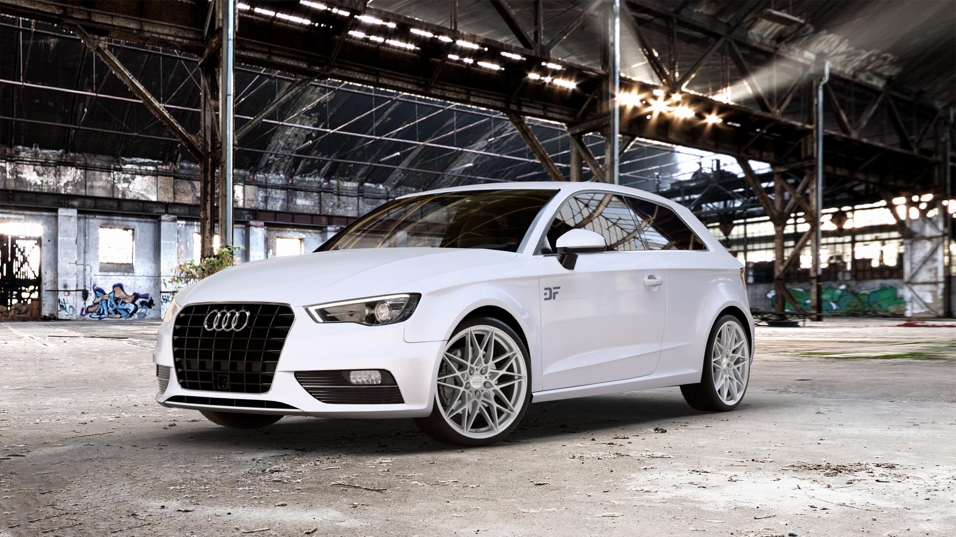 MAM B2 SILVER PAINTED Felge mit Reifen silber in 19Zoll Winterfelge Alufelge auf weissem Audi A3 Typ 8V ⬇️ mit 15mm Tieferlegung ⬇️ Old Industrial Hall_max_5300mm_2024 Frontansicht_1