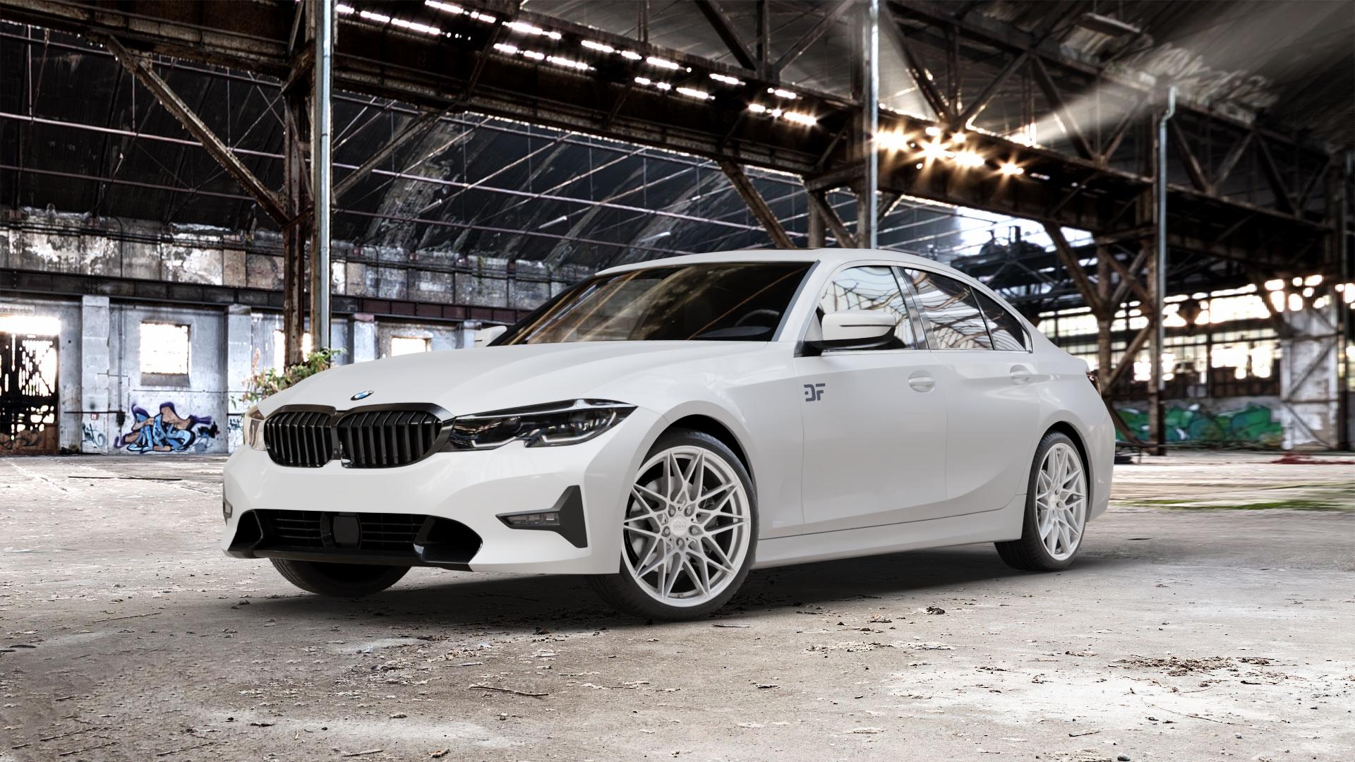 MAM B2 SILVER PAINTED Felge mit Reifen silber in 19Zoll Winterfelge Alufelge auf weissem BMW 3er G20 Limousine (G3L) ⬇️ mit 15mm Tieferlegung ⬇️ Old Industrial Hall_max_5300mm_2024 Frontansicht_1