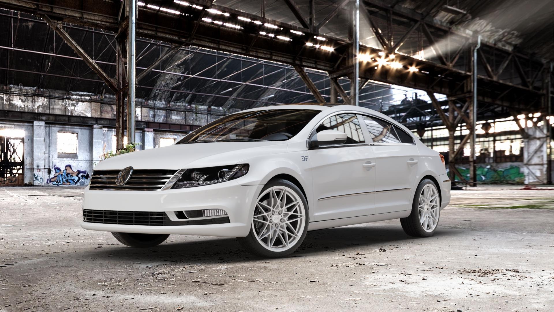 MAM B2 SILVER PAINTED Felge mit Reifen silber in 19Zoll Winterfelge Alufelge auf weissem Volkswagen (VW) Passat CC II (15->) ⬇️ mit 15mm Tieferlegung ⬇️ Old Industrial Hall_max_5300mm_2024 Frontansicht_1