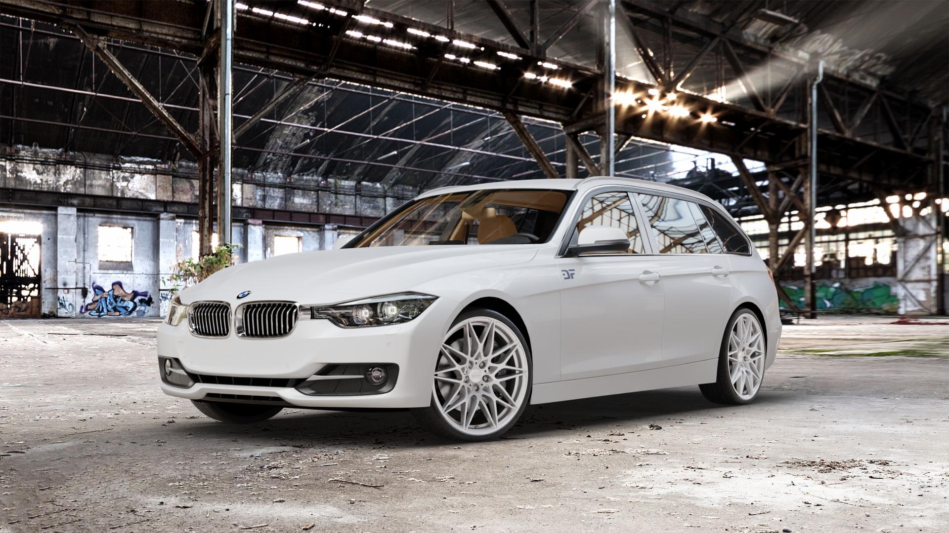 MAM B2 SILVER PAINTED Felge mit Reifen silber in 20Zoll Winterfelge Alufelge auf weissem BMW 320i Typ F31 (Touring) 328i 316d 318d 320d 316i EffDyn Edition 325d 335i xDrive 335d ⬇️ mit 15mm Tieferlegung ⬇️ Old Industrial Hall_max_5300mm_2024 Frontansicht_1