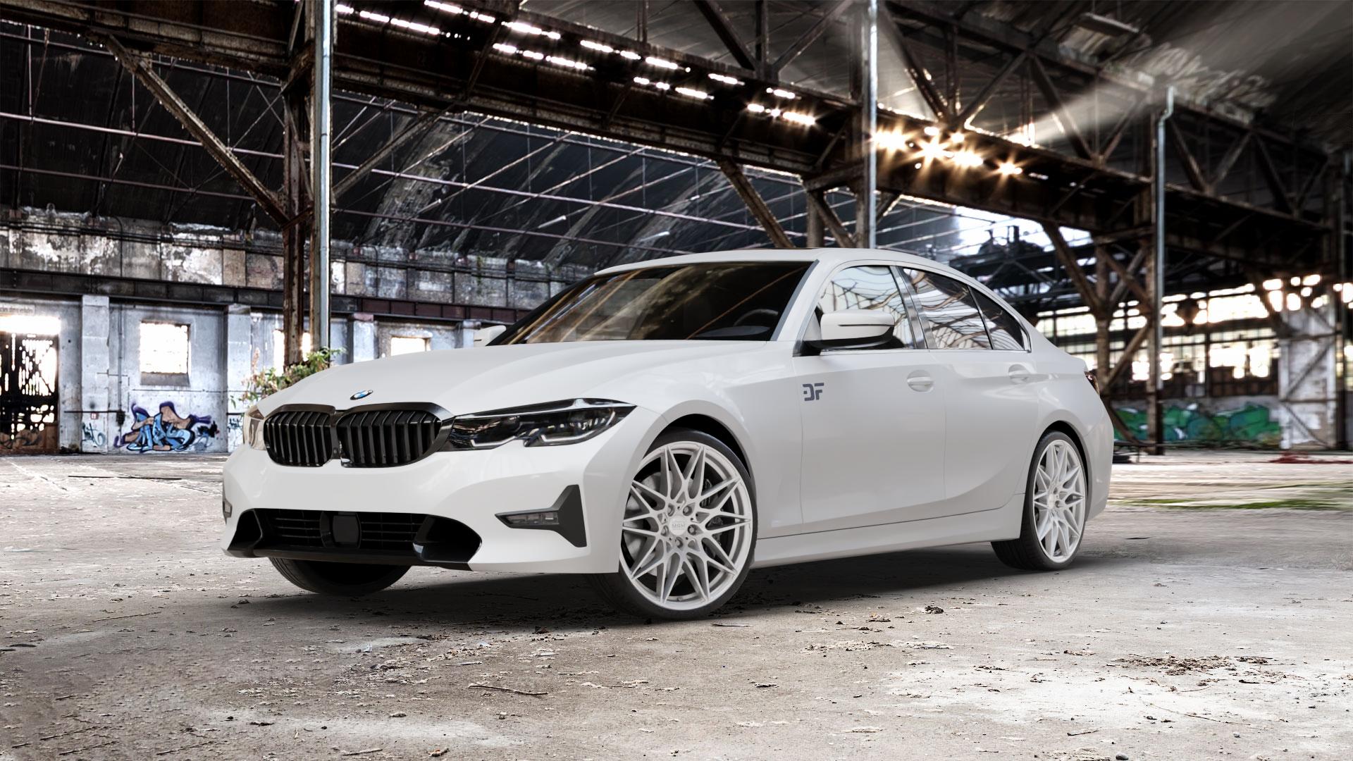 MAM B2 SILVER PAINTED Felge mit Reifen silber in 20Zoll Winterfelge Alufelge auf weissem BMW 3er G20 Limousine (G3L) ⬇️ mit 15mm Tieferlegung ⬇️ Old Industrial Hall_max_5300mm_2024 Frontansicht_1