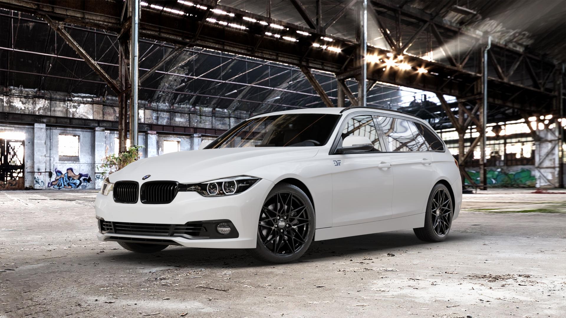 MAM B2N BLACK PAINTED Felge mit Reifen schwarz in 19Zoll Winterfelge Alufelge auf weissem BMW 330d Typ F31 (Touring) xDrive 318i 330i 340i 3er Touring (3K, 3K-N1) ⬇️ mit 15mm Tieferlegung ⬇️ Old Industrial Hall_max_5300mm_2024 Frontansicht_1