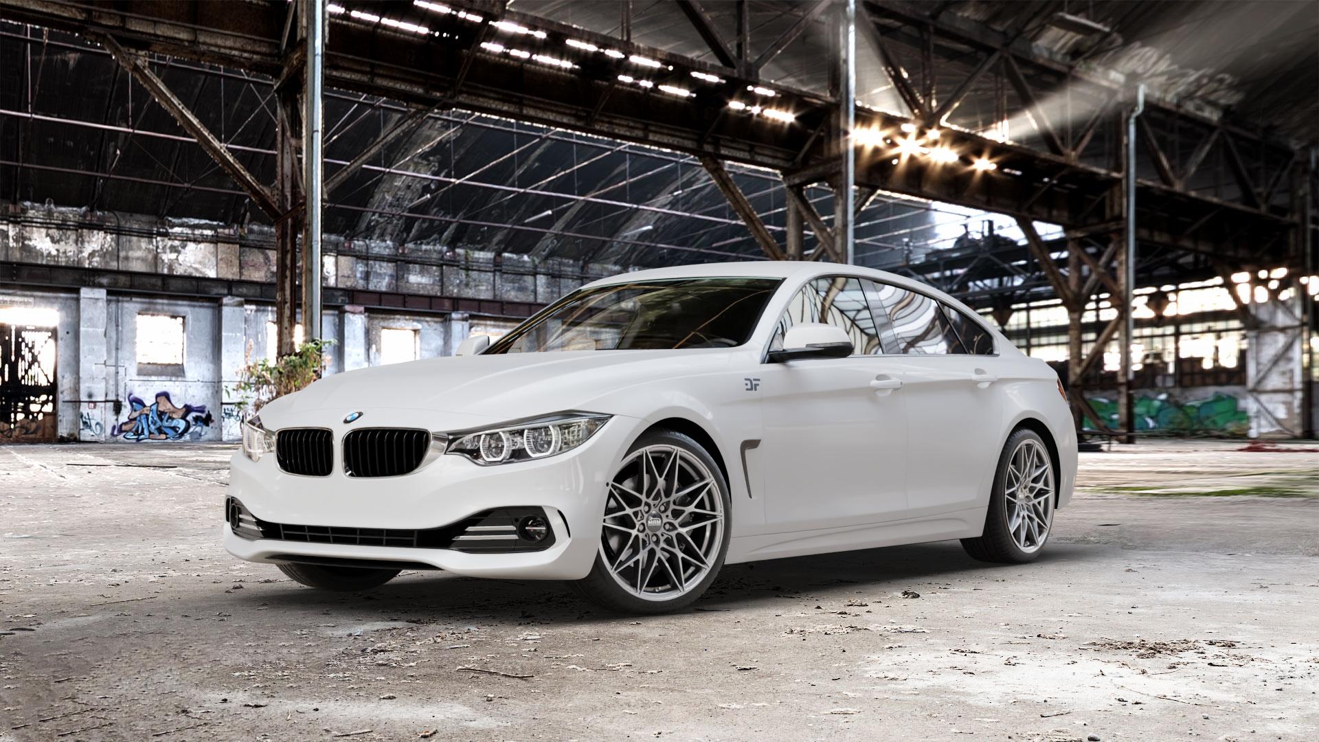MAM B2N PALLADIUM PAINTED Felge mit Reifen grau anthrazit in 19Zoll Winterfelge Alufelge auf weissem BMW 418d Typ F36 (Gran Coupe) 420d xDrive 420i 428i 435i 430d 440i 418i 430i 425d 4er Gran Coupe (3C) ⬇️ mit 15mm Tieferlegung ⬇️ Old Industrial Hall_max_5300mm_2024 Frontansicht_1