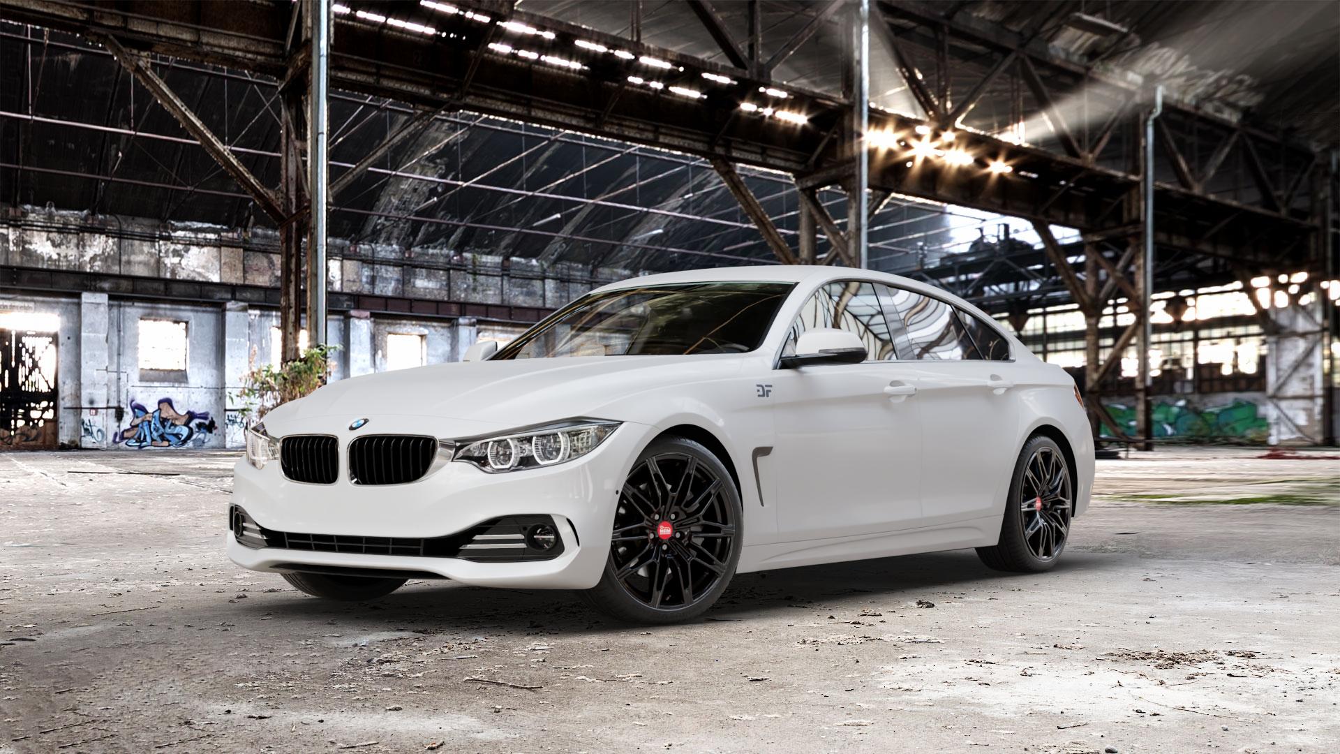 MAM B3N BLACK PAINTED Felge mit Reifen schwarz in 19Zoll Winterfelge Alufelge auf weissem BMW 418d Typ F36 (Gran Coupe) 420d xDrive 420i 428i 435i 430d 440i 418i 430i 425d 4er Gran Coupe (3C) ⬇️ mit 15mm Tieferlegung ⬇️ Old Industrial Hall_max_5300mm_2024 Frontansicht_1