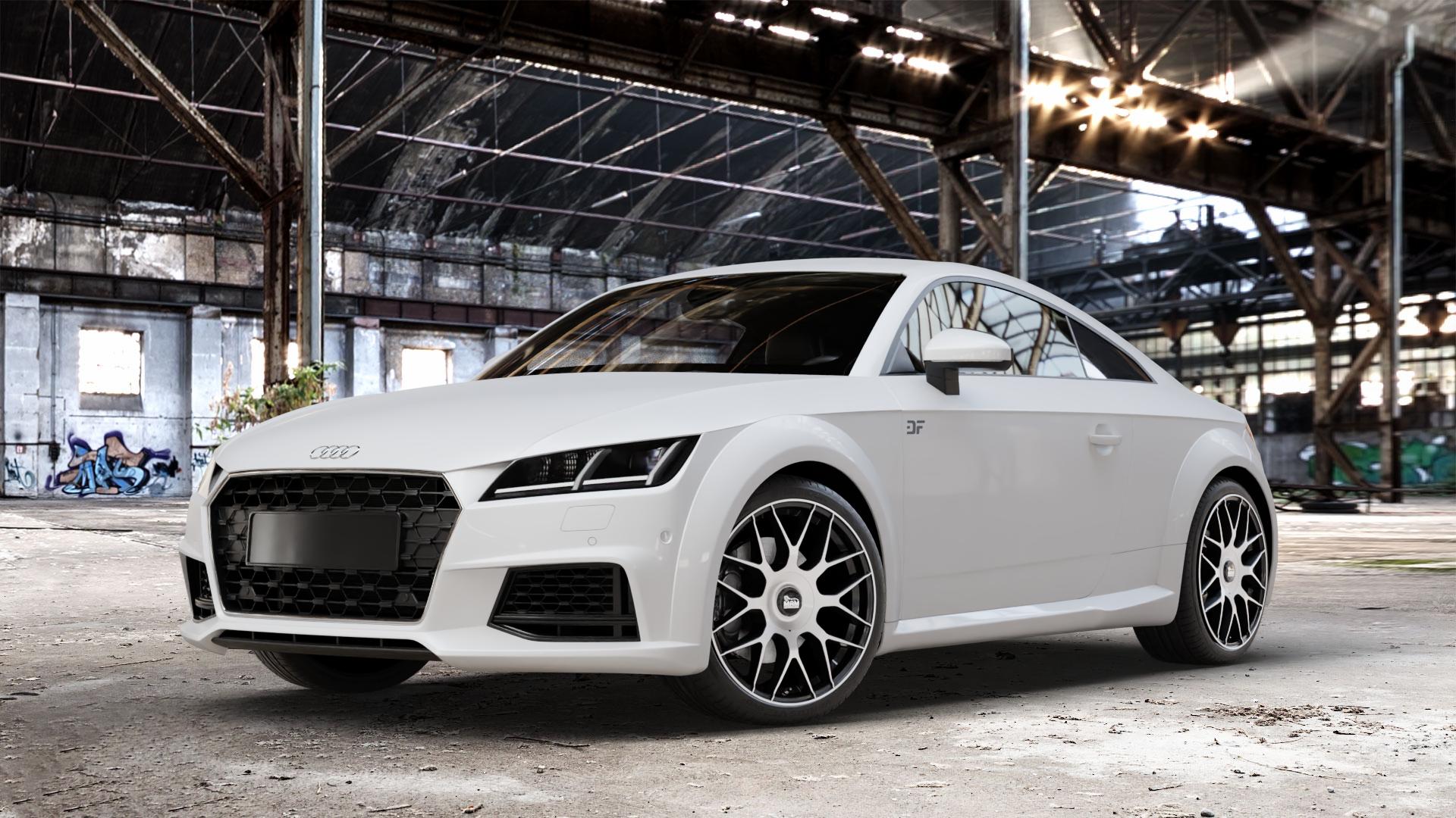 MAM GT1 BLACK FRONT POLISH Felge mit Reifen schwarz in 19Zoll Winterfelge Alufelge auf weissem Audi TT III Typ 8S Facelift (Coupé) (Roadster) ⬇️ mit 15mm Tieferlegung ⬇️ Old Industrial Hall_max_4400mm_2024 Frontansicht_1