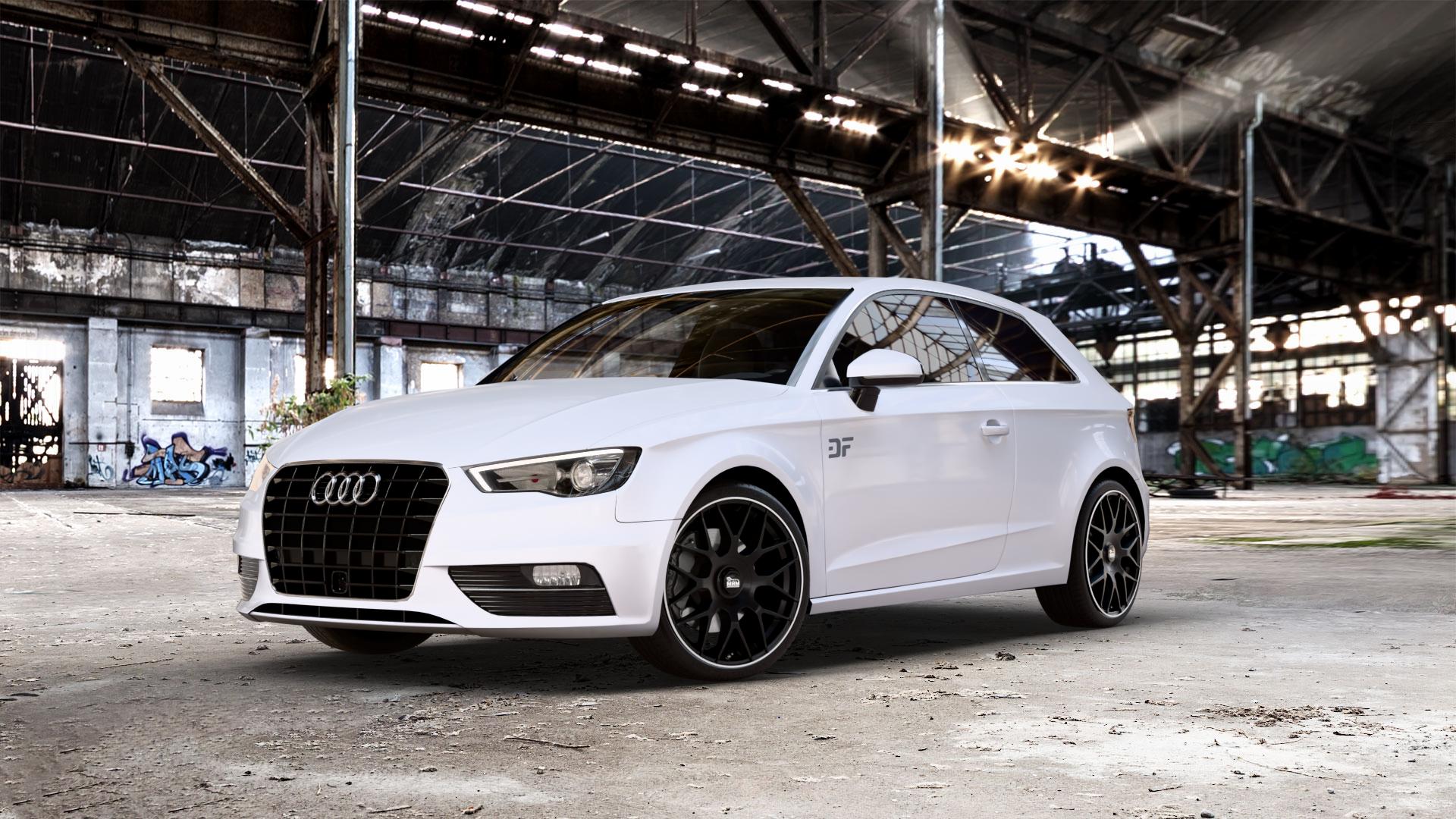 MAM GT1 MATT BLACK LIP POLISH Felge mit Reifen schwarz in 19Zoll Winterfelge Alufelge auf weissem Audi A3 Typ 8V ⬇️ mit 15mm Tieferlegung ⬇️ Old Industrial Hall_max_5300mm_2024 Frontansicht_1