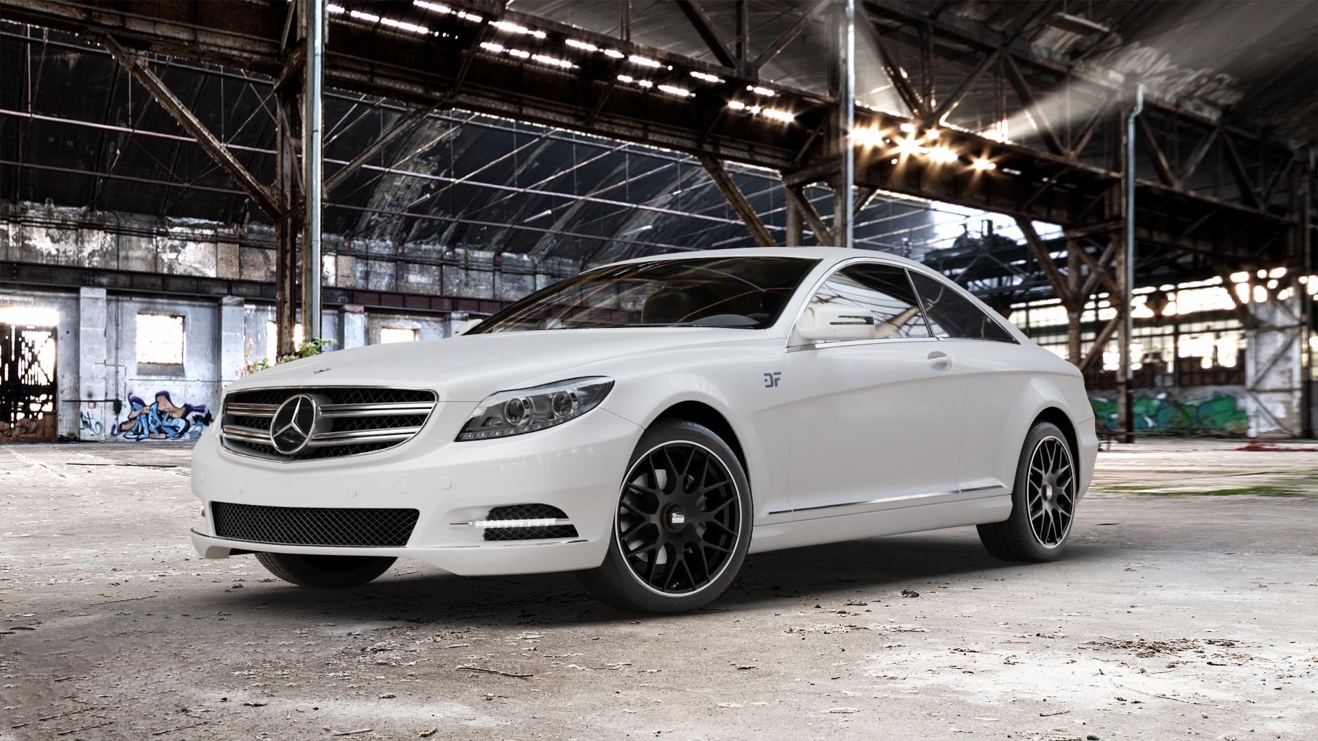 MAM GT1 MATT BLACK LIP POLISH Felge mit Reifen schwarz in 19Zoll Winterfelge Alufelge auf weissem Mercedes CL-Klasse Typ C216 ⬇️ mit 15mm Tieferlegung ⬇️ Old Industrial Hall_max_5300mm_2024 Frontansicht_1