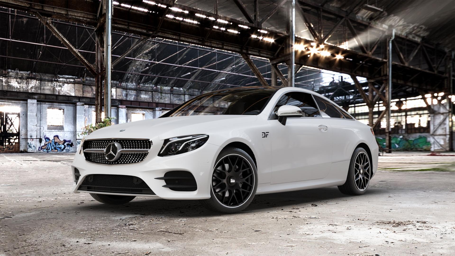 MAM GT1 MATT BLACK LIP POLISH Felge mit Reifen schwarz in 19Zoll Winterfelge Alufelge auf weissem Mercedes E-Klasse Typ C238 Coupe (R1EC) ⬇️ mit 15mm Tieferlegung ⬇️ Old Industrial Hall_max_5300mm_2024 Frontansicht_1