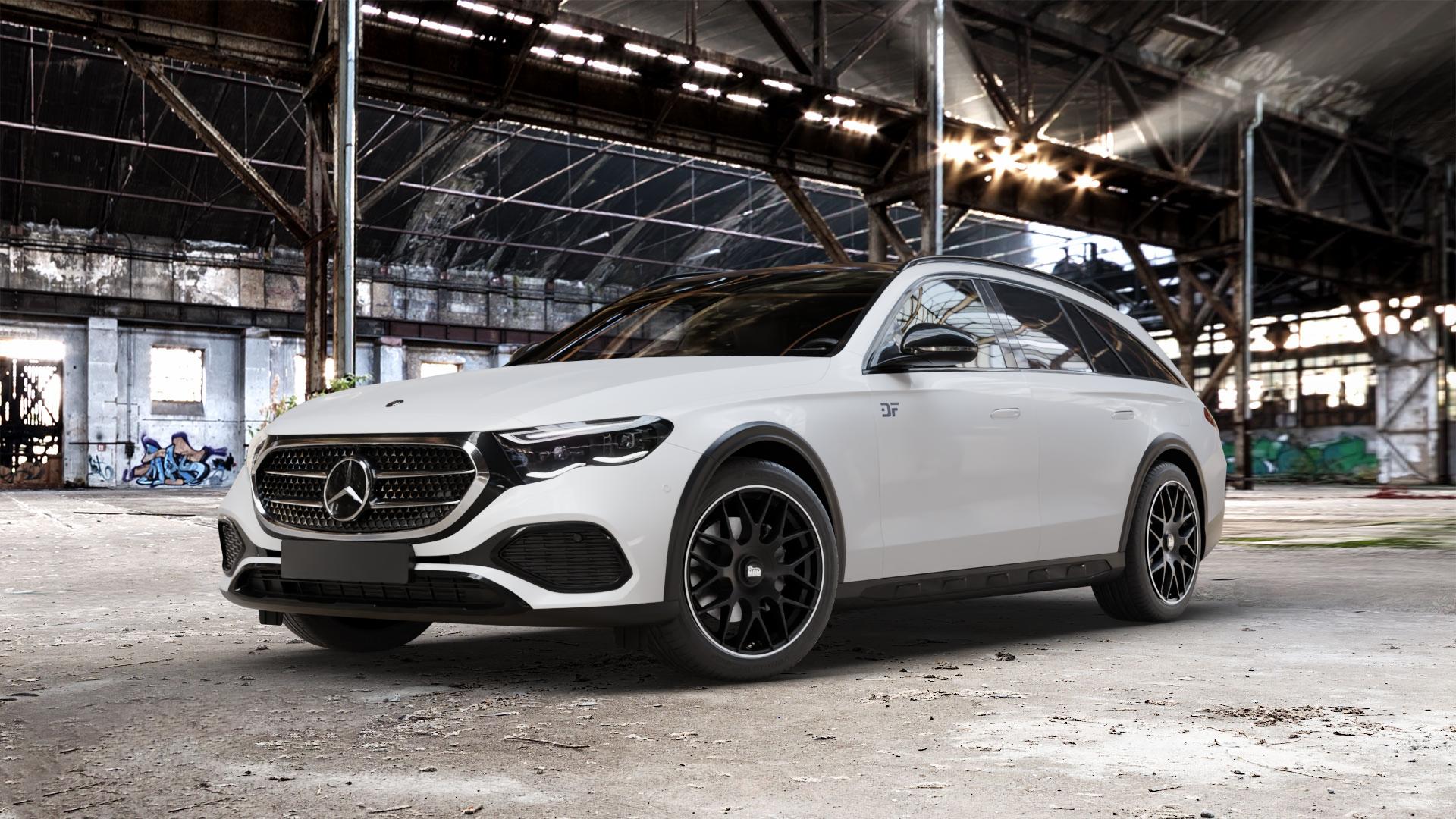 MAM GT1 MATT BLACK LIP POLISH Felge mit Reifen schwarz in 19Zoll Winterfelge Alufelge auf weissem Mercedes E-Klasse Typ S214 All-Terrain Coupe ⬇️ mit 15mm Tieferlegung ⬇️ Old Industrial Hall_max_5300mm_2024 Frontansicht_1