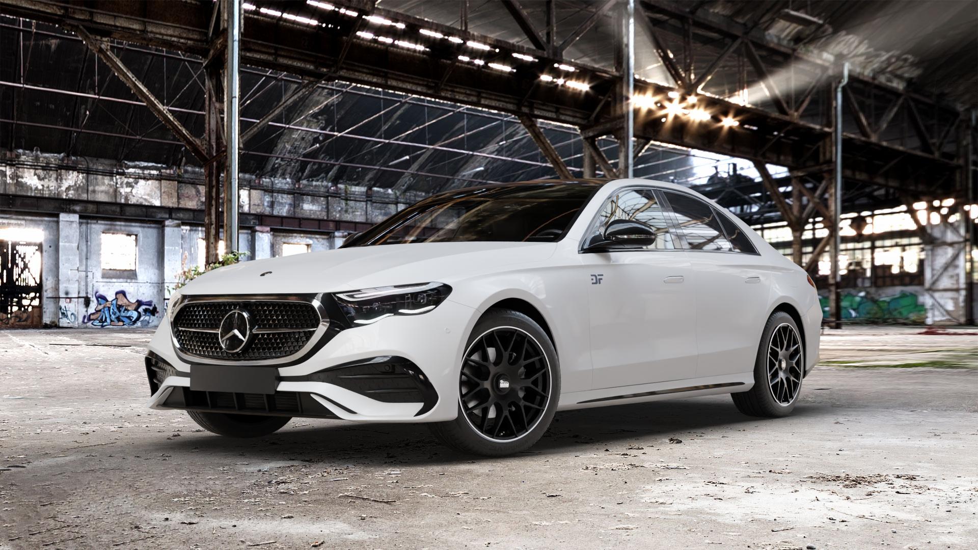 MAM GT1 MATT BLACK LIP POLISH Felge mit Reifen schwarz in 19Zoll Winterfelge Alufelge auf weissem Mercedes E-Klasse Typ W214 Limousine (R2EW) ⬇️ mit 15mm Tieferlegung ⬇️ Old Industrial Hall_max_5300mm_2024 Frontansicht_1
