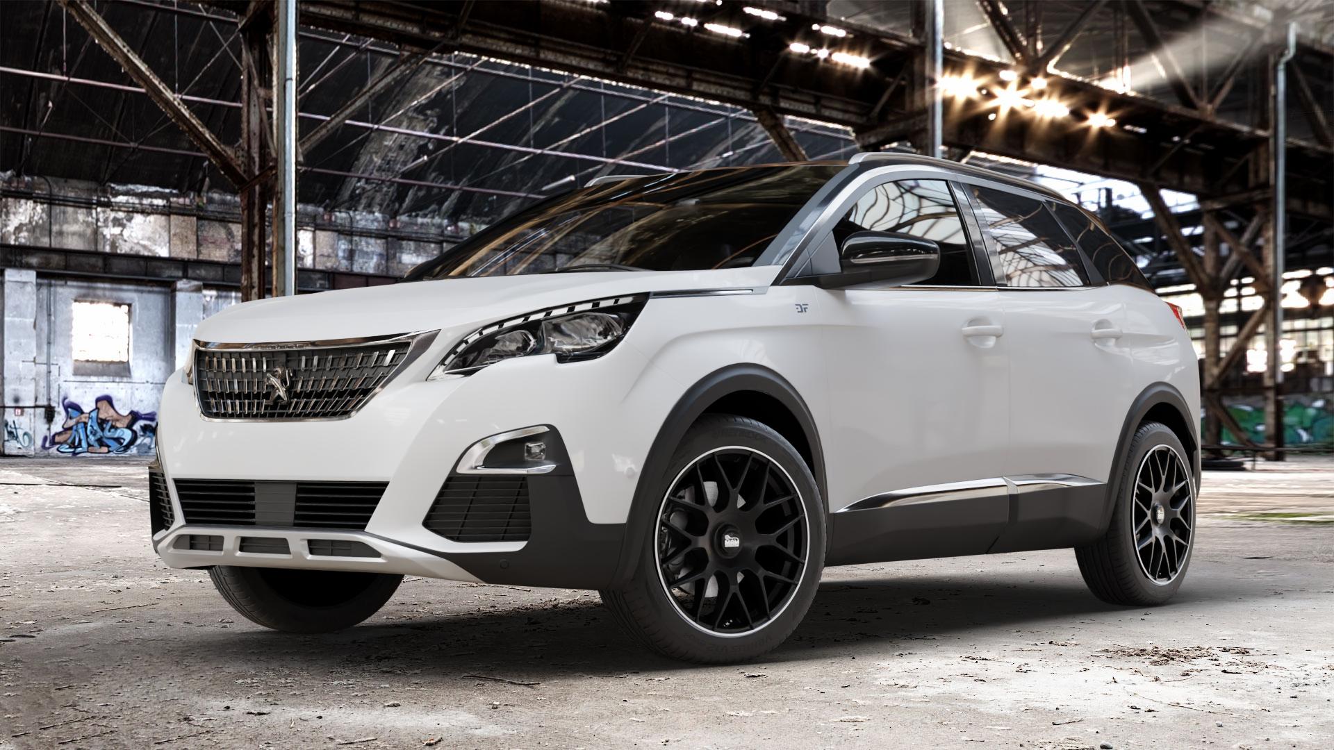 MAM GT1 MATT BLACK LIP POLISH Felge mit Reifen schwarz in 19Zoll Winterfelge Alufelge auf weissem Peugeot 3008 II Typ M ⬇️ mit 15mm Tieferlegung ⬇️ Old Industrial Hall_max_4400mm_2024 Frontansicht_1