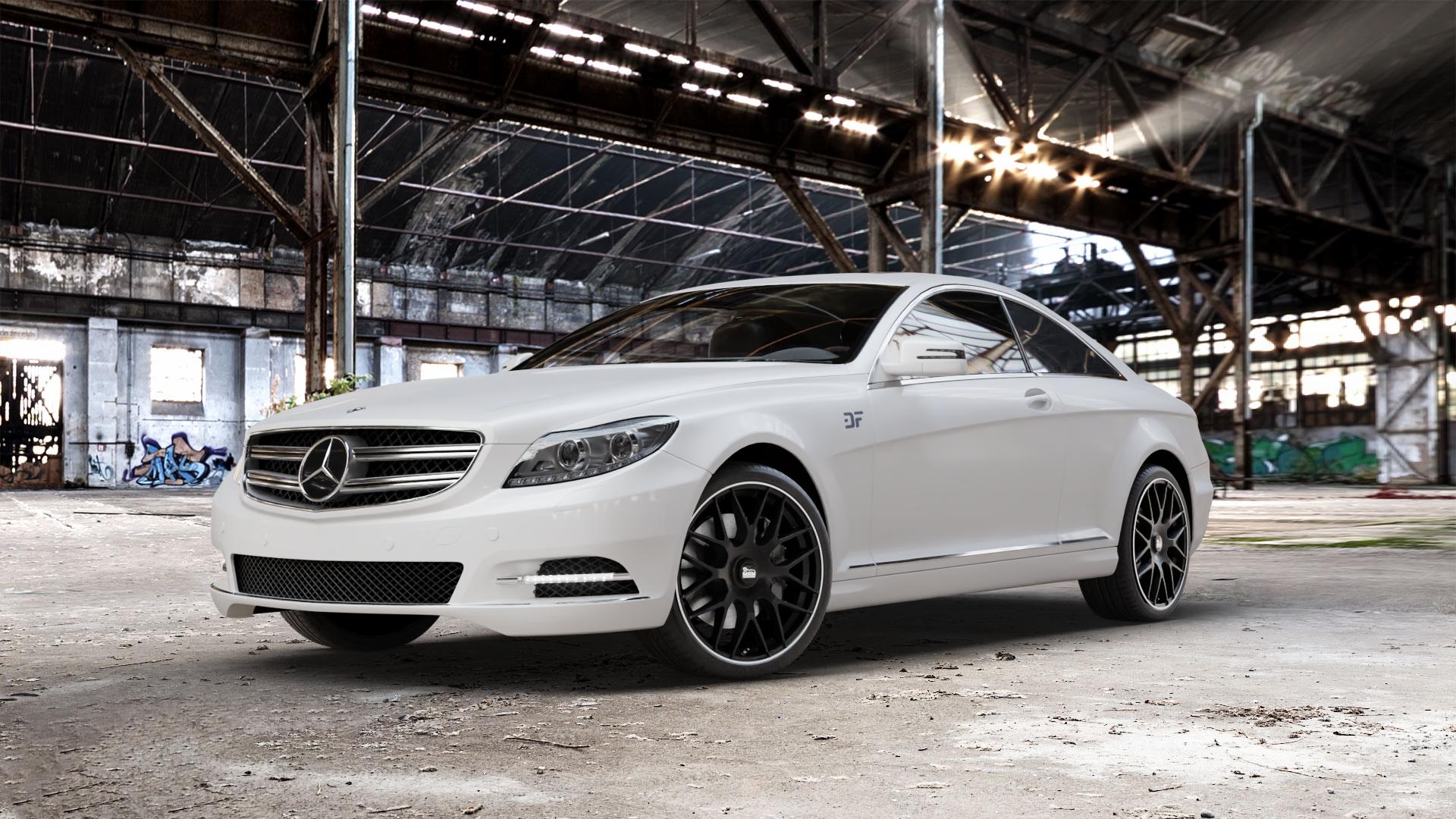 MAM GT1 MATT BLACK LIP POLISH Felge mit Reifen schwarz in 20Zoll Winterfelge Alufelge auf weissem Mercedes CL-Klasse Typ C216 ⬇️ mit 15mm Tieferlegung ⬇️ Old Industrial Hall_max_5300mm_2024 Frontansicht_1