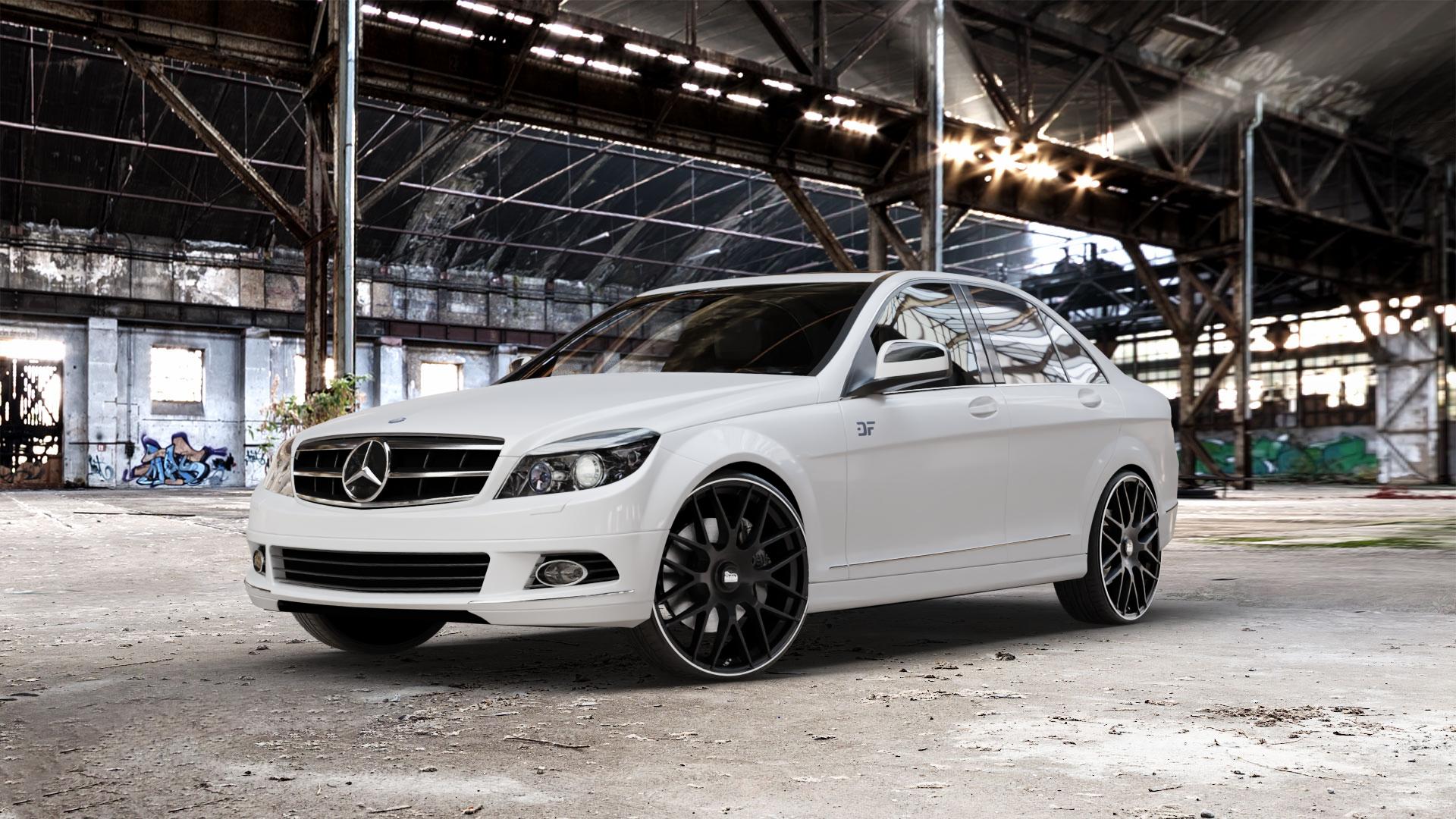 MAM GT1 MATT BLACK LIP POLISH Felge mit Reifen schwarz in 22Zoll Winterfelge Alufelge auf weissem Mercedes C-Klasse Typ W204 Limousine ⬇️ mit 15mm Tieferlegung ⬇️ Old Industrial Hall_max_5300mm_2024 Frontansicht_1