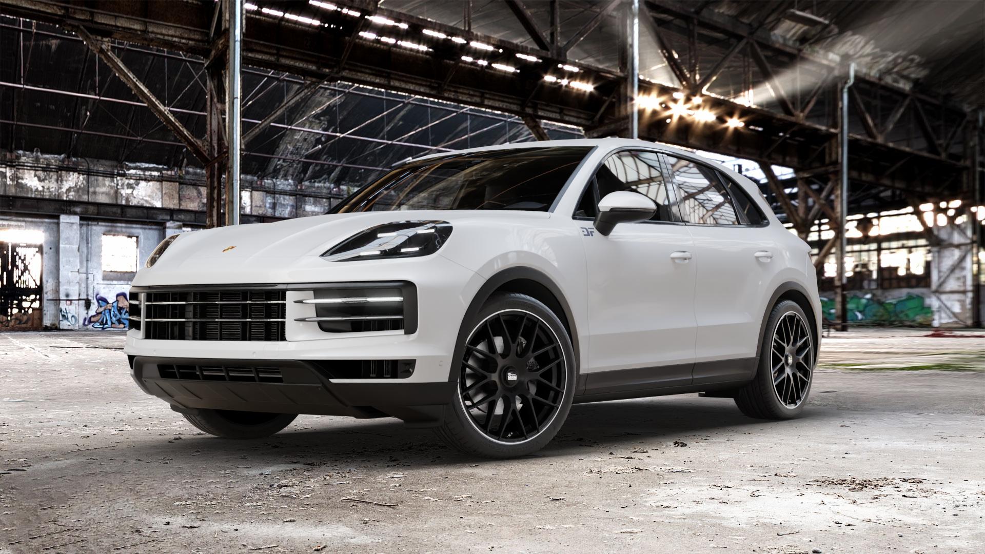 MAM GT1 MATT BLACK LIP POLISH Felge mit Reifen schwarz in 22Zoll Winterfelge Alufelge auf weissem Porsche Cayenne III Typ 9YA Facelift ⬇️ mit 15mm Tieferlegung ⬇️ Old Industrial Hall_max_5300mm_2024 Frontansicht_1