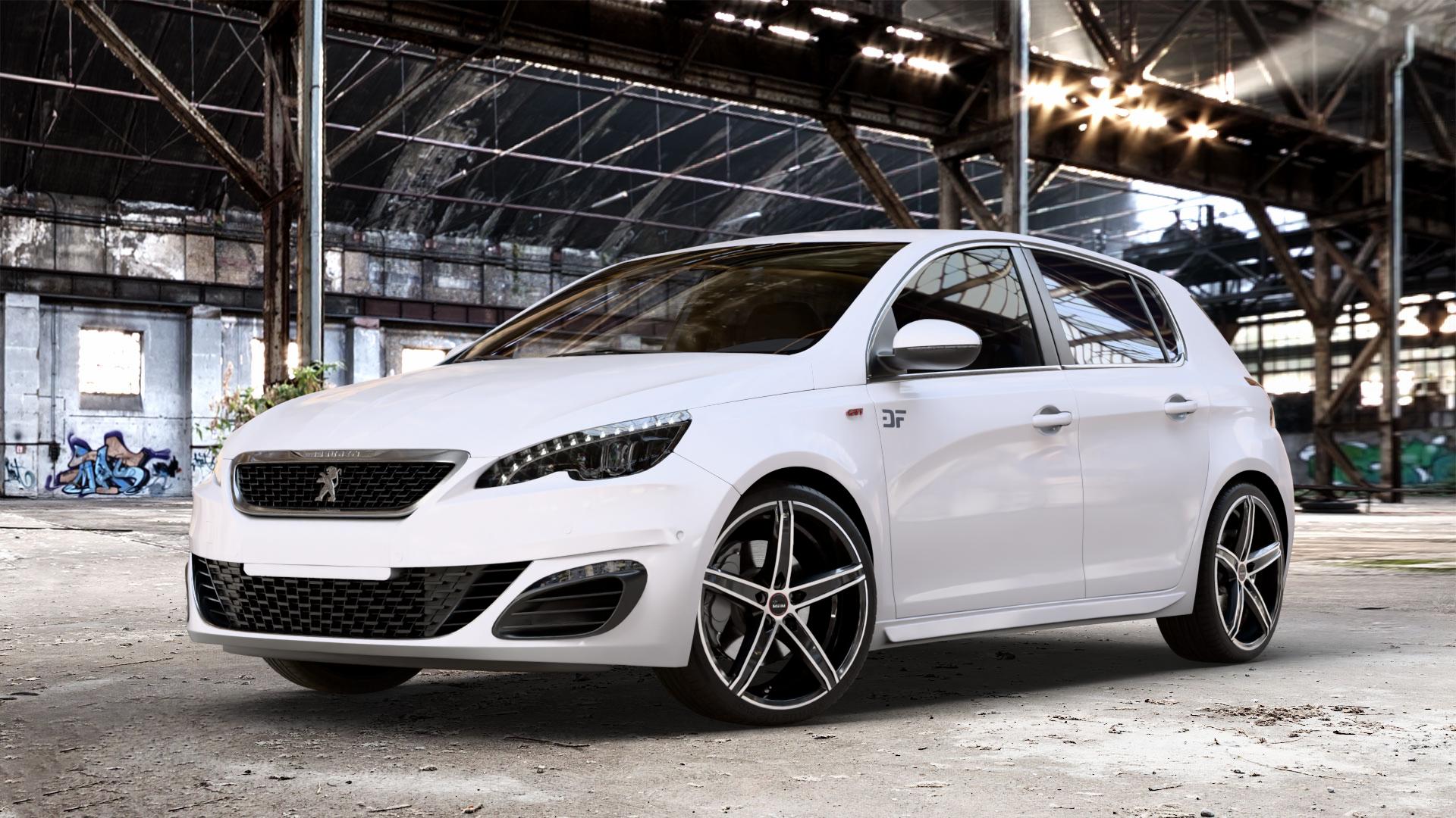 MAM OX-18 BLACK FRONT POLISH Felge mit Reifen silber schwarz mehrfarbig in 19Zoll Winterfelge Alufelge auf weissem Peugeot 308 II Typ L Facelift ⬇️ mit 15mm Tieferlegung ⬇️ Old Industrial Hall_max_4400mm_2024 Frontansicht_1