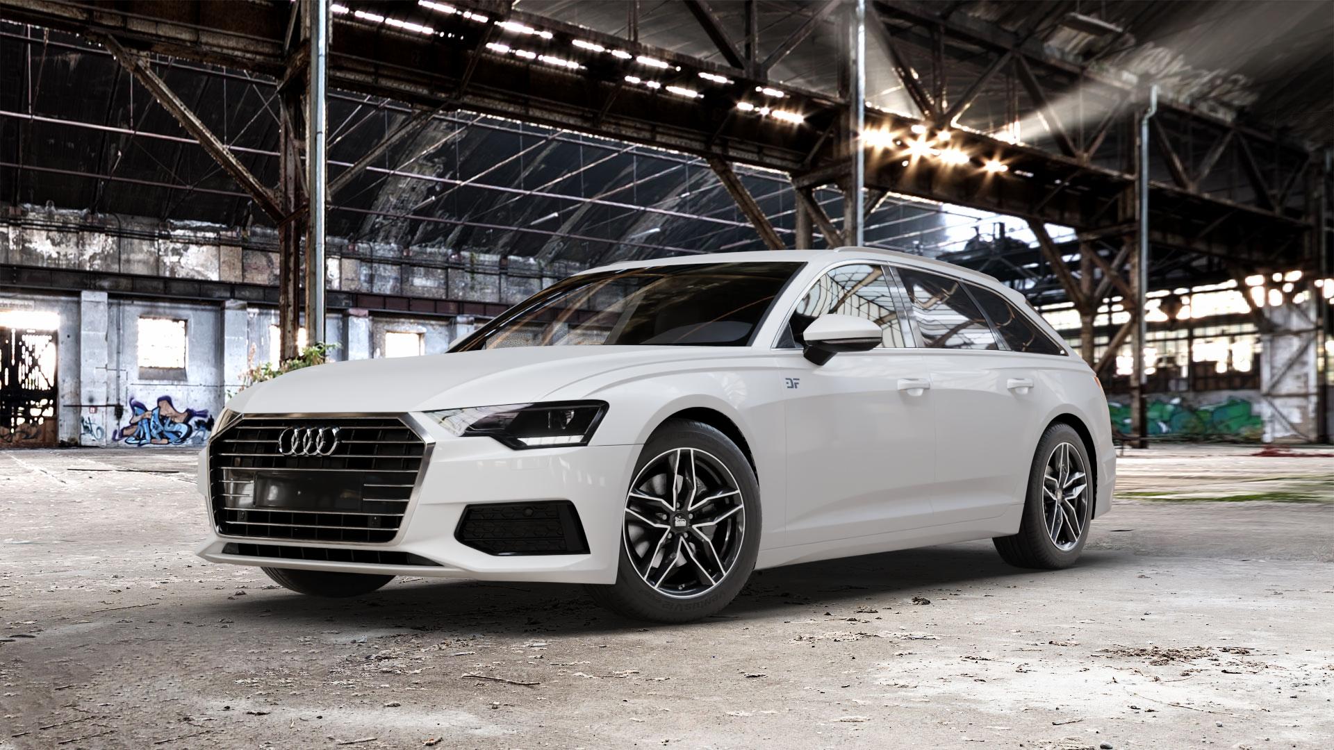 MAM RS3 BLACK FRONT POLISH Felge mit Reifen silber schwarz mehrfarbig in 18Zoll Winterfelge Alufelge auf weissem Audi A6 Typ F2/C8 (Avant) ⬇️ mit 15mm Tieferlegung ⬇️ Old Industrial Hall_max_5300mm_2024 Frontansicht_1