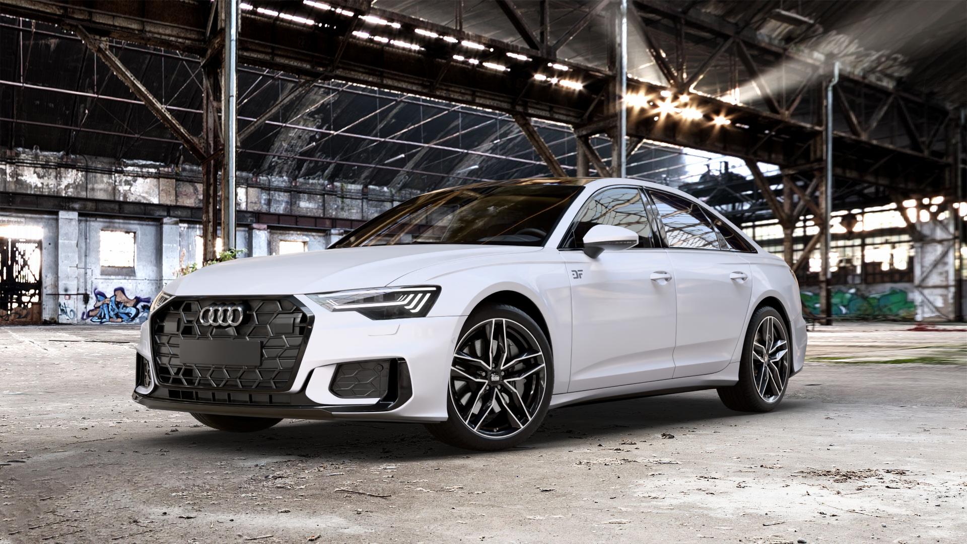 MAM RS3 BLACK FRONT POLISH Felge mit Reifen silber schwarz mehrfarbig in 20Zoll Winterfelge Alufelge auf weissem Audi A6 Typ F2/C8 (Limousine) Facelift ⬇️ mit 15mm Tieferlegung ⬇️ Old Industrial Hall_max_5300mm_2024 Frontansicht_1