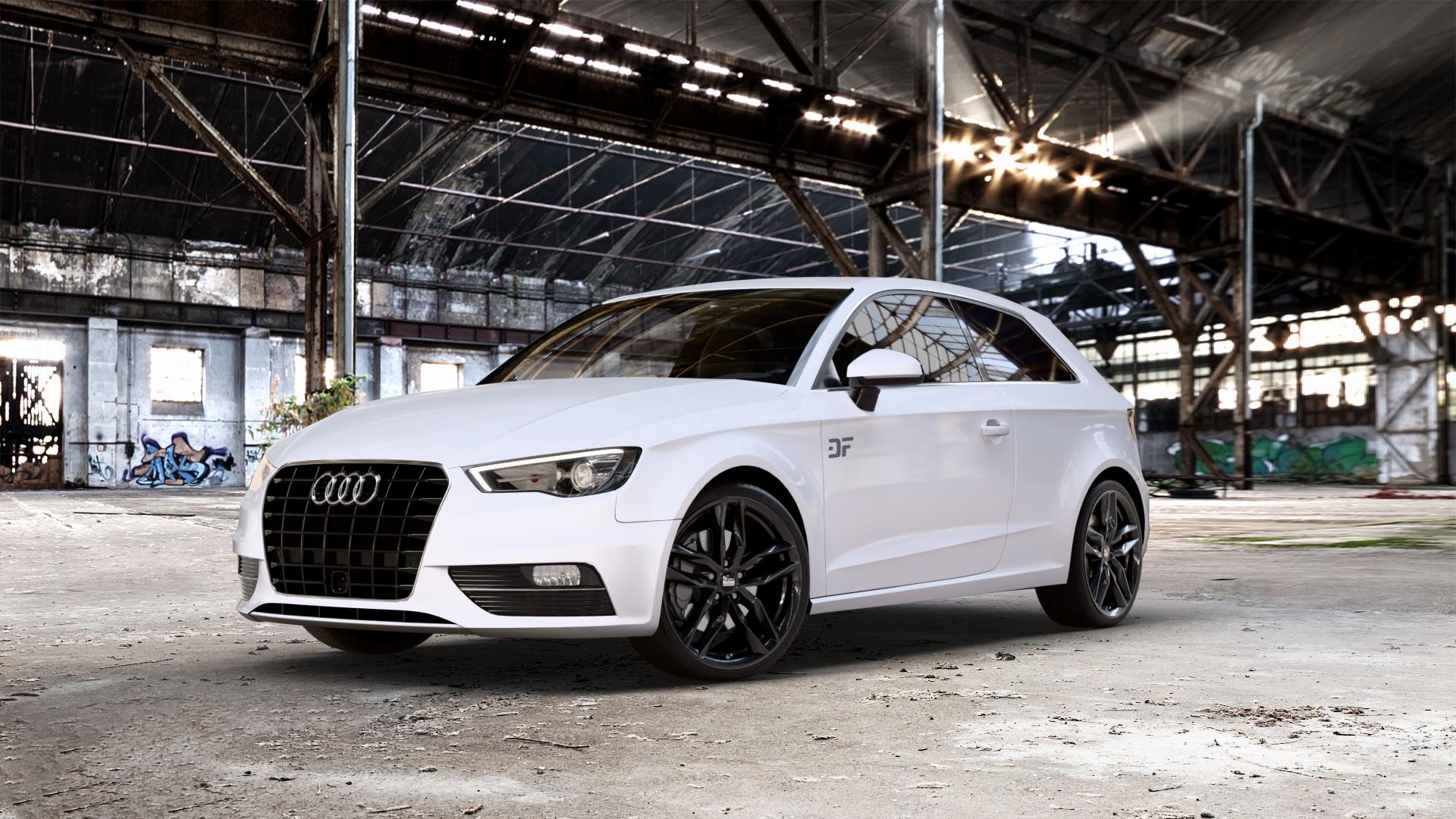 MAM RS3 BLACK PAINTED Felge mit Reifen schwarz in 19Zoll Winterfelge Alufelge auf weissem Audi A3 Typ 8V ⬇️ mit 15mm Tieferlegung ⬇️ Old Industrial Hall_max_5300mm_2024 Frontansicht_1