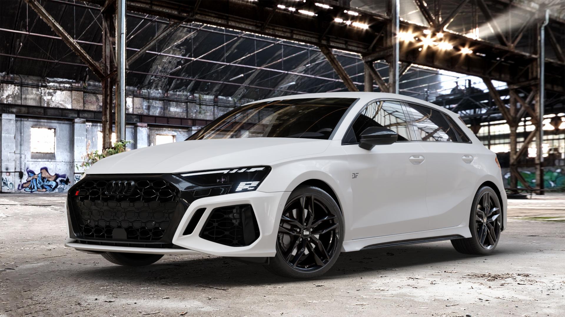 MAM RS3 BLACK PAINTED Felge mit Reifen schwarz in 19Zoll Winterfelge Alufelge auf weissem Audi A3 Typ GY (Sportback) 2,5l TFSI quattro 294kW RS3 (400 PS) 299kW (407 ⬇️ mit 15mm Tieferlegung ⬇️ Old Industrial Hall_max_4400mm_2024 Frontansicht_1