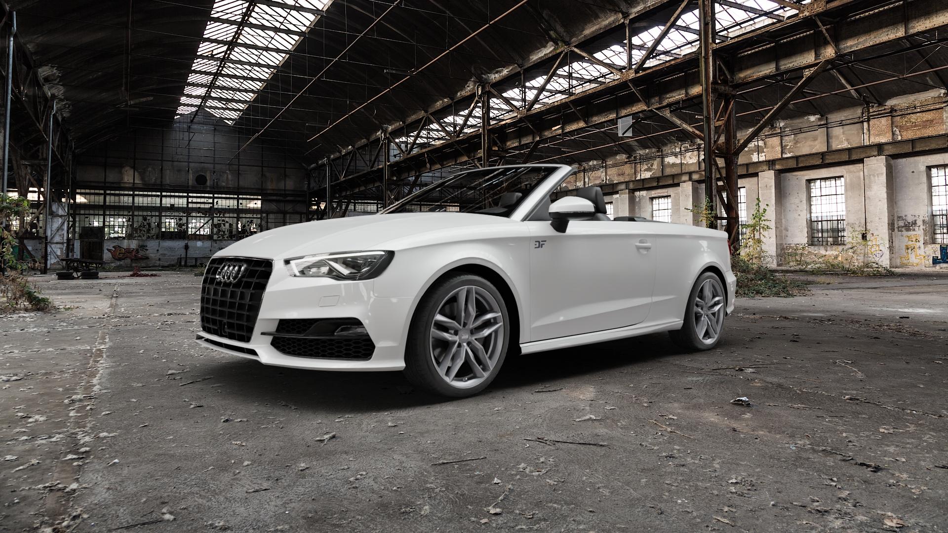 MAM RS3 MATT PALLADIUM FRONT POLISH Felge mit Reifen silber mehrfarbig anthrazit in 18Zoll Winterfelge Alufelge auf weissem Audi A3 Typ 8V (Cabriolet) ⬇️ mit 15mm Tieferlegung ⬇️ Old Industrial Hall_max5000mm_2022 Frontansicht_1