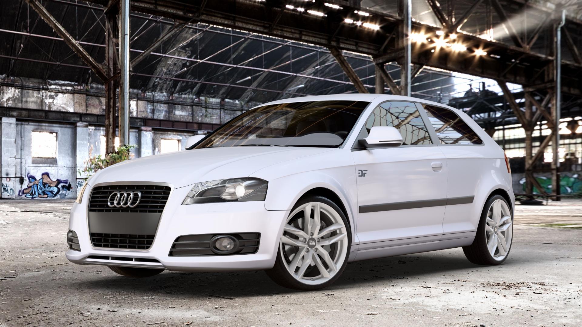 MAM RS3 SILVER PAINTED Felge mit Reifen silber in 19Zoll Winterfelge Alufelge auf weißem Audi A3 Typ 8P ⬇️ mit 15mm Tieferlegung ⬇️ Old Industrial Hall_max_4400mm_2024 Frontansicht_1