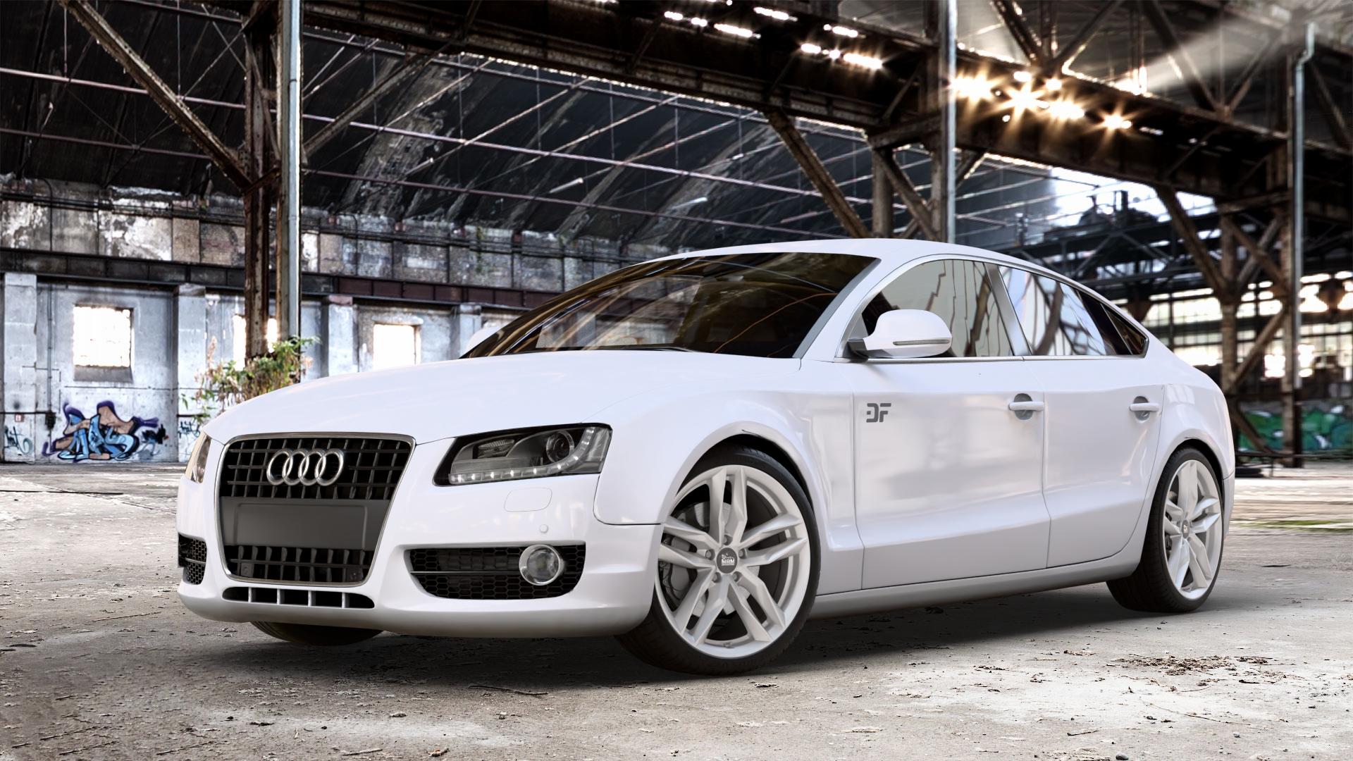 MAM RS3 SILVER PAINTED Felge mit Reifen silber in 19Zoll Winterfelge Alufelge auf weissem Audi A5 Typ B8 (Sportback) ⬇️ mit 15mm Tieferlegung ⬇️ Old Industrial Hall_max_4400mm_2024 Frontansicht_1