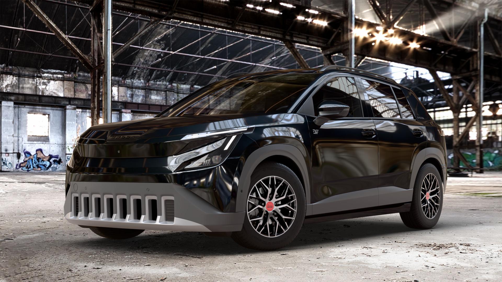 MAM RS4 BLACK FRONT POLISH Felge mit Reifen schwarz in 16Zoll Winterfelge Alufelge auf metallic schwarzem Skoda Epiq Typ PX ⬇️ mit 15mm Tieferlegung ⬇️ Old Industrial Hall_max_4400mm_2024 Frontansicht_1