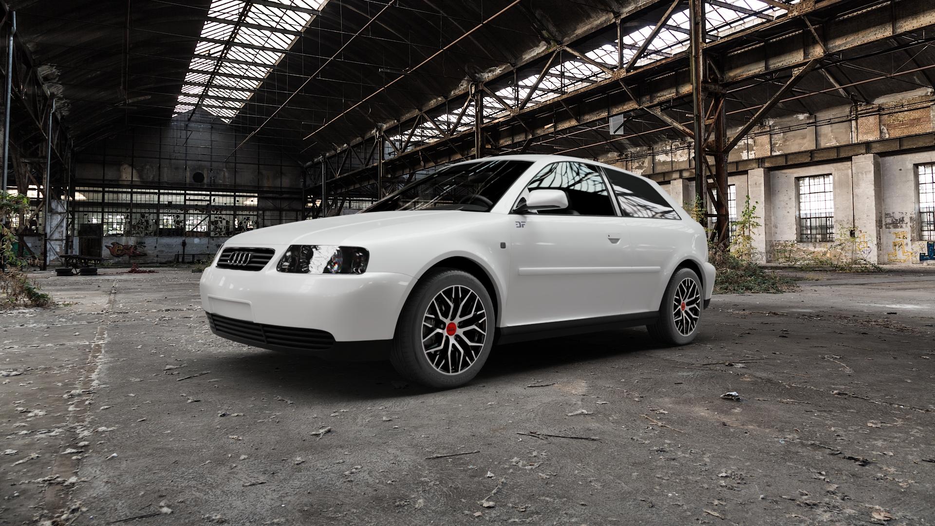 MAM RS4 BLACK FRONT POLISH Felge mit Reifen schwarz in 16Zoll Winterfelge Alufelge auf weissem Audi A3 Typ 8L ⬇️ mit 15mm Tieferlegung ⬇️ Old Industrial Hall_max5000mm_2022 Frontansicht_1