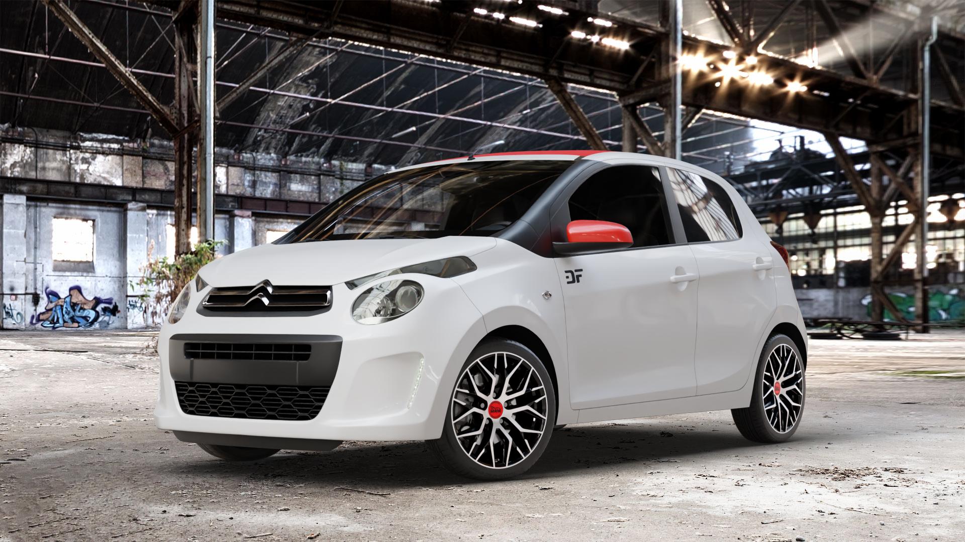 MAM RS4 BLACK FRONT POLISH Felge mit Reifen schwarz in 16Zoll Winterfelge Alufelge auf weissem Citroen C1 II ⬇️ mit 15mm Tieferlegung ⬇️ Old Industrial Hall_max_4400mm_2024 Frontansicht_1