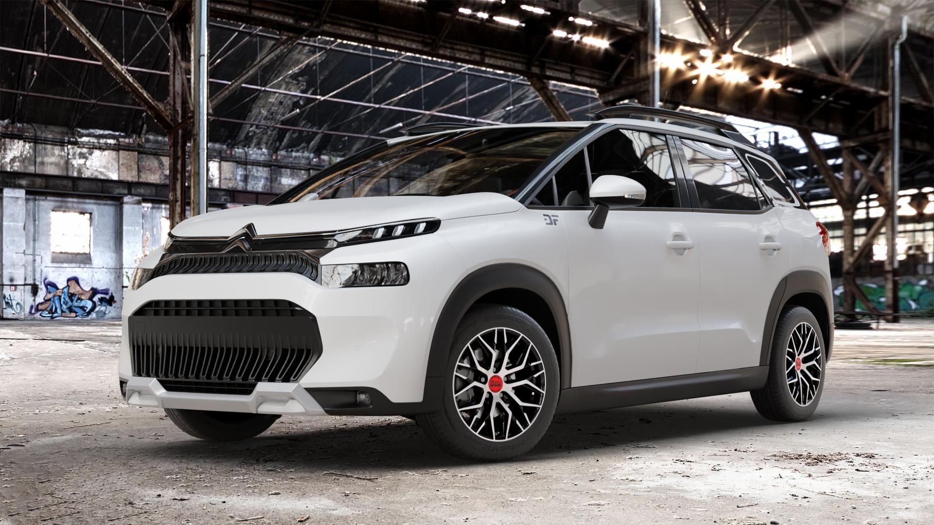 MAM RS4 BLACK FRONT POLISH Felge mit Reifen schwarz in 16Zoll Winterfelge Alufelge auf weissem Citroen C3 Aircross Typ 2 Facelift ⬇️ mit 15mm Tieferlegung ⬇️ Old Industrial Hall_max_4400mm_2024 Frontansicht_1