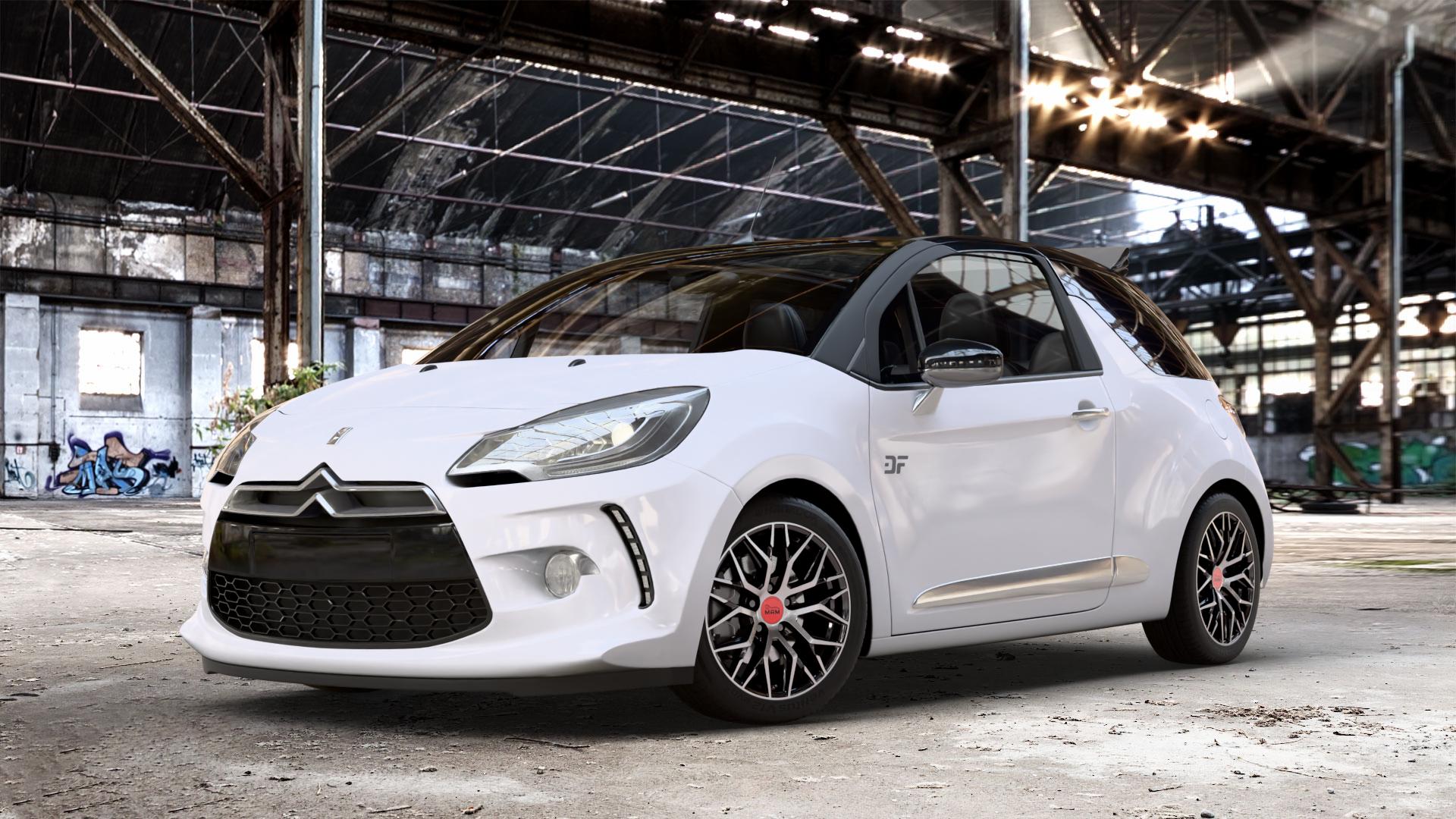 MAM RS4 BLACK FRONT POLISH Felge mit Reifen schwarz in 16Zoll Winterfelge Alufelge auf weissem Citroen DS3 Cabrio Facelift ⬇️ mit 15mm Tieferlegung ⬇️ Old Industrial Hall_max_4400mm_2024 Frontansicht_1