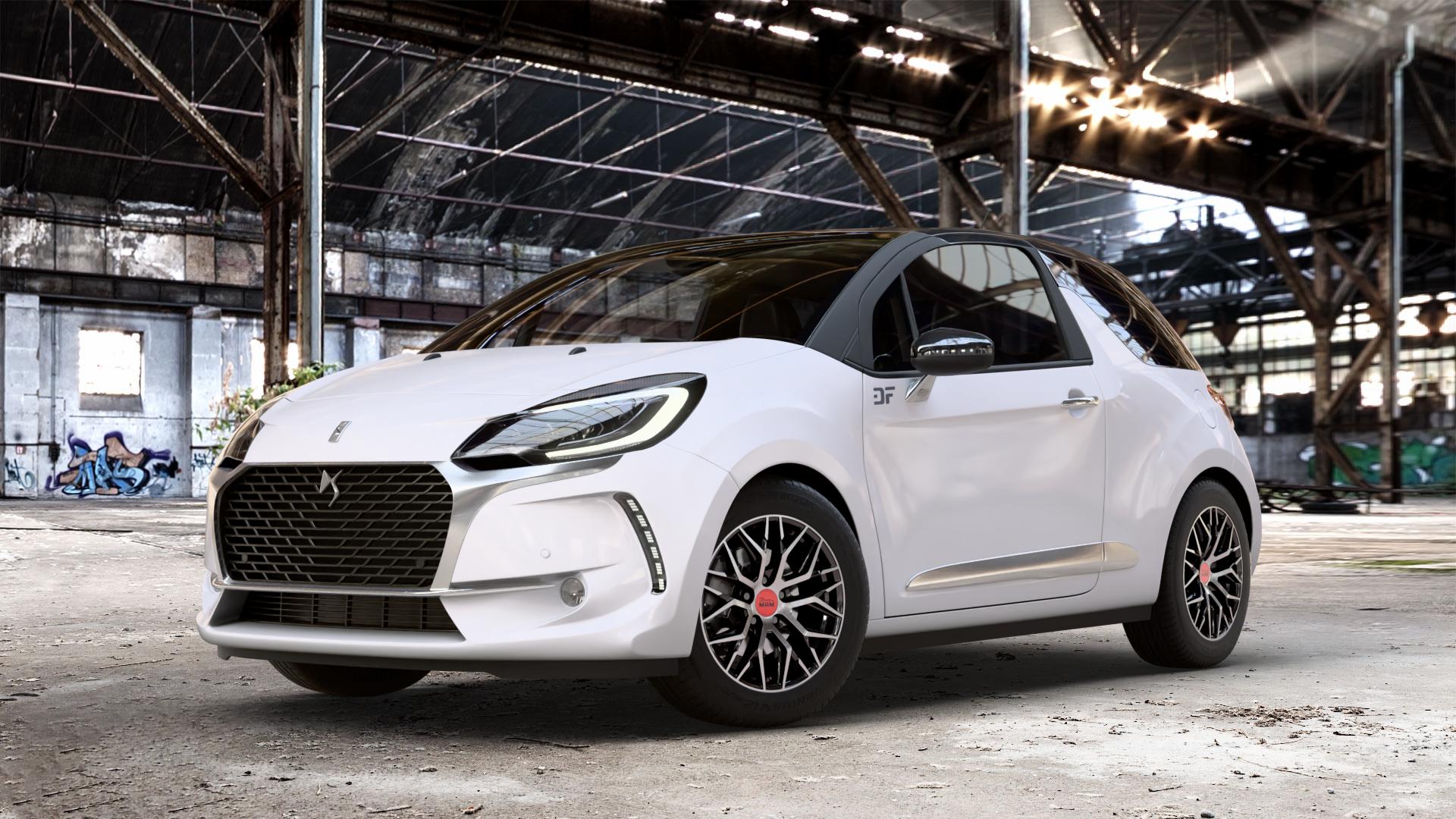 MAM RS4 BLACK FRONT POLISH Felge mit Reifen schwarz in 16Zoll Winterfelge Alufelge auf weissem Citroen DS3 Facelift DS Automobiles Typ S ⬇️ mit 15mm Tieferlegung ⬇️ Old Industrial Hall_max_4400mm_2024 Frontansicht_1