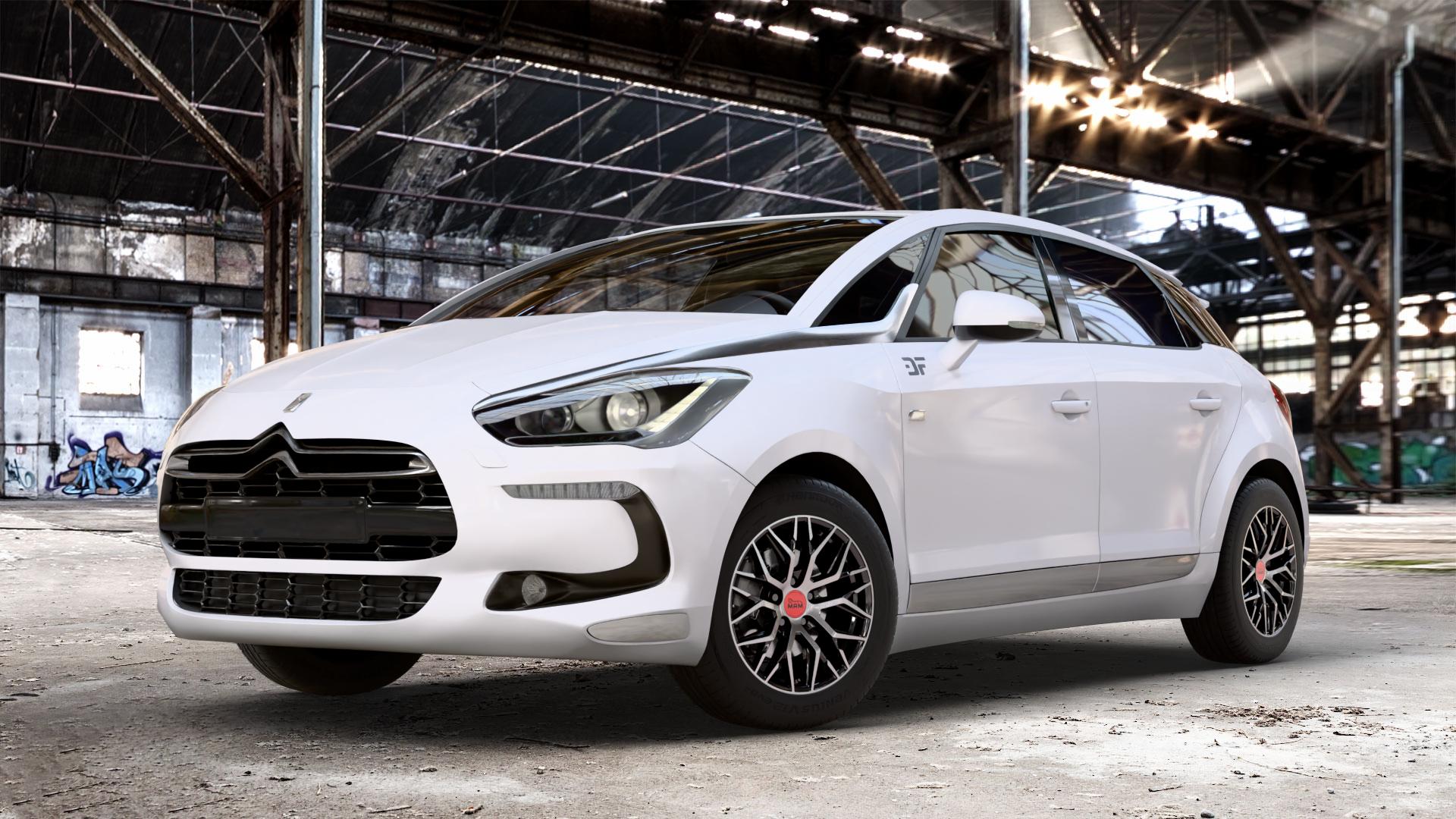 MAM RS4 BLACK FRONT POLISH Felge mit Reifen schwarz in 16Zoll Winterfelge Alufelge auf weissem Citroen DS5 Typ K DS Automobiles ⬇️ mit 15mm Tieferlegung ⬇️ Old Industrial Hall_max_4400mm_2024 Frontansicht_1