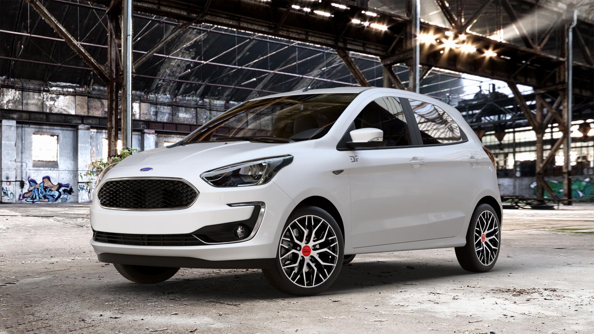 MAM RS4 BLACK FRONT POLISH Felge mit Reifen schwarz in 16Zoll Winterfelge Alufelge auf weissem Ford KA+ Typ KAF ACTIVE Facelift KA ⬇️ mit 15mm Tieferlegung ⬇️ Old Industrial Hall_max_4400mm_2024 Frontansicht_1