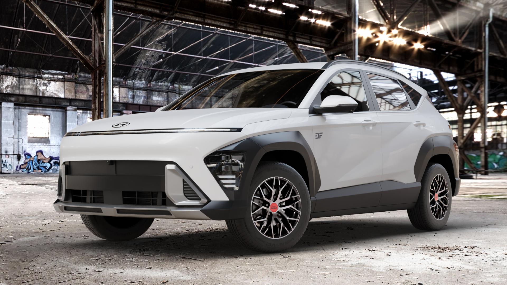 MAM RS4 BLACK FRONT POLISH Felge mit Reifen schwarz in 16Zoll Winterfelge Alufelge auf weissem Hyundai Kona Typ SX2 ⬇️ mit 15mm Tieferlegung ⬇️ Old Industrial Hall_max_4400mm_2024 Frontansicht_1