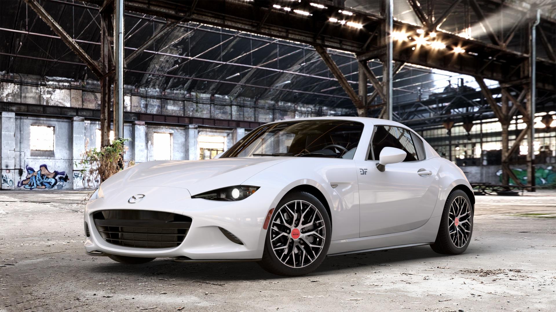 MAM RS4 BLACK FRONT POLISH Felge mit Reifen schwarz in 16Zoll Winterfelge Alufelge auf weissem Mazda MX-5 IV RF (ND) ⬇️ mit 15mm Tieferlegung ⬇️ Old Industrial Hall_max_4400mm_2024 Frontansicht_1