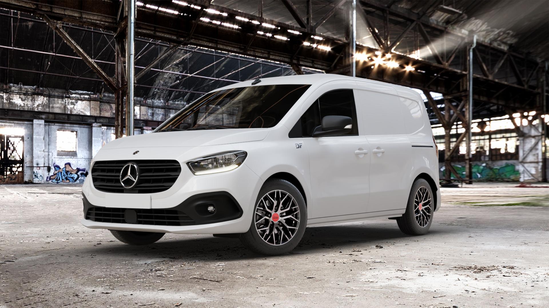 MAM RS4 BLACK FRONT POLISH Felge mit Reifen schwarz in 16Zoll Winterfelge Alufelge auf weissem Mercedes Citan Kasten Typ W420 ⬇️ mit 15mm Tieferlegung ⬇️ Old Industrial Hall_max_5300mm_2024 Frontansicht_1