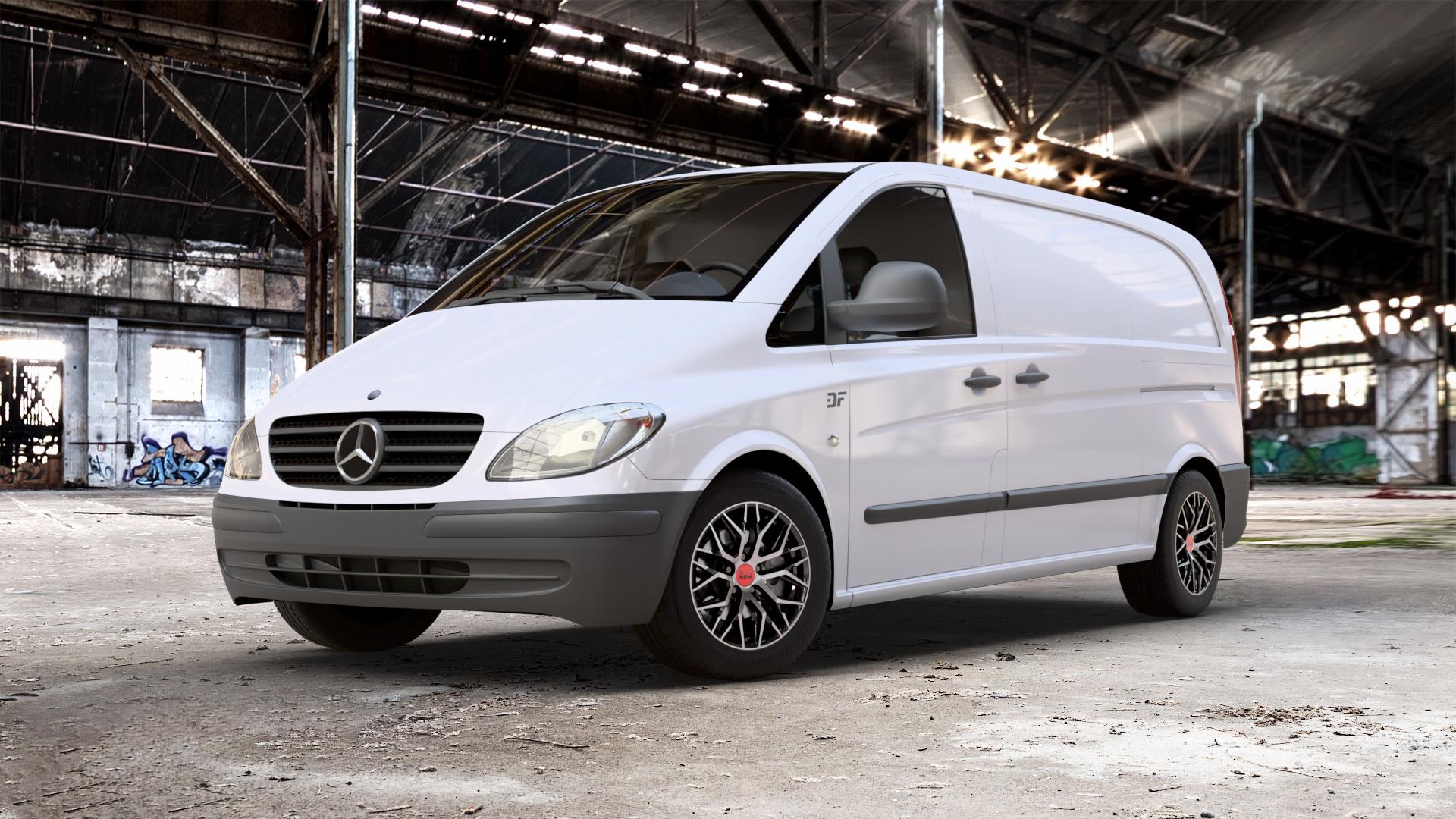 MAM RS4 BLACK FRONT POLISH Felge mit Reifen schwarz in 16Zoll Winterfelge Alufelge auf weissem Mercedes Vito Kasten Typ 639 ⬇️ mit 15mm Tieferlegung ⬇️ Old Industrial Hall_max_5300mm_2024 Frontansicht_1