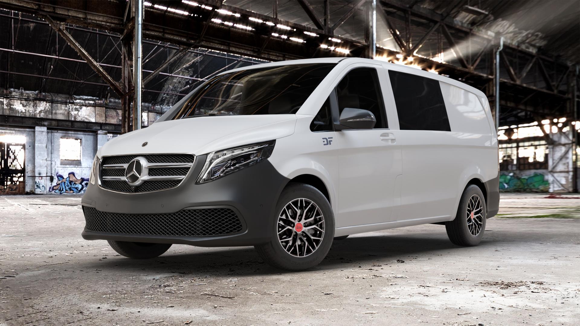 MAM RS4 BLACK FRONT POLISH Felge mit Reifen schwarz in 16Zoll Winterfelge Alufelge auf weissem Mercedes Vito Mixto Typ W447 Facelift ⬇️ mit 15mm Tieferlegung ⬇️ Old Industrial Hall_max_5300mm_2024 Frontansicht_1