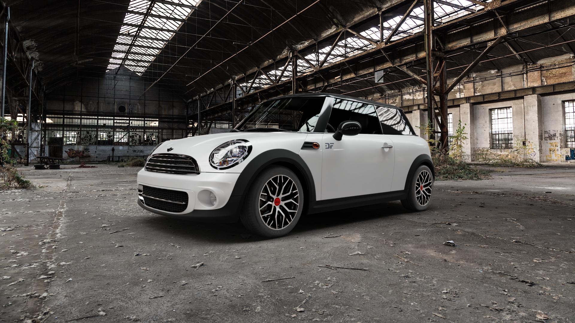 MAM RS4 BLACK FRONT POLISH Felge mit Reifen schwarz in 16Zoll Winterfelge Alufelge auf weissem Mini R56 Typ UKL-L (Limousine) MINI-N ⬇️ mit 15mm Tieferlegung ⬇️ Old Industrial Hall_max5000mm_2022 Frontansicht_1