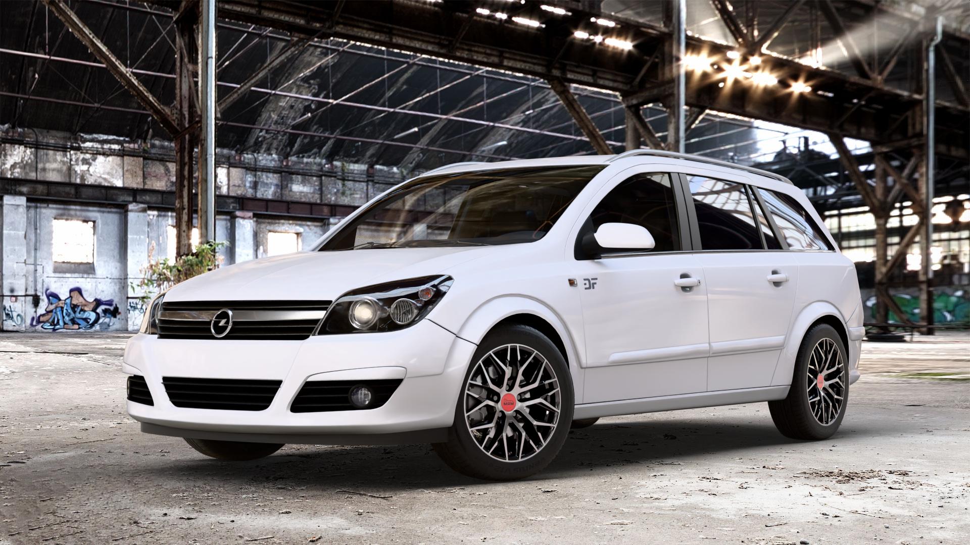MAM RS4 BLACK FRONT POLISH Felge mit Reifen schwarz in 16Zoll Winterfelge Alufelge auf weissem Opel Astra H Typ A-H Caravan A-H/SW ⬇️ mit 15mm Tieferlegung ⬇️ Old Industrial Hall_max_4400mm_2024 Frontansicht_1