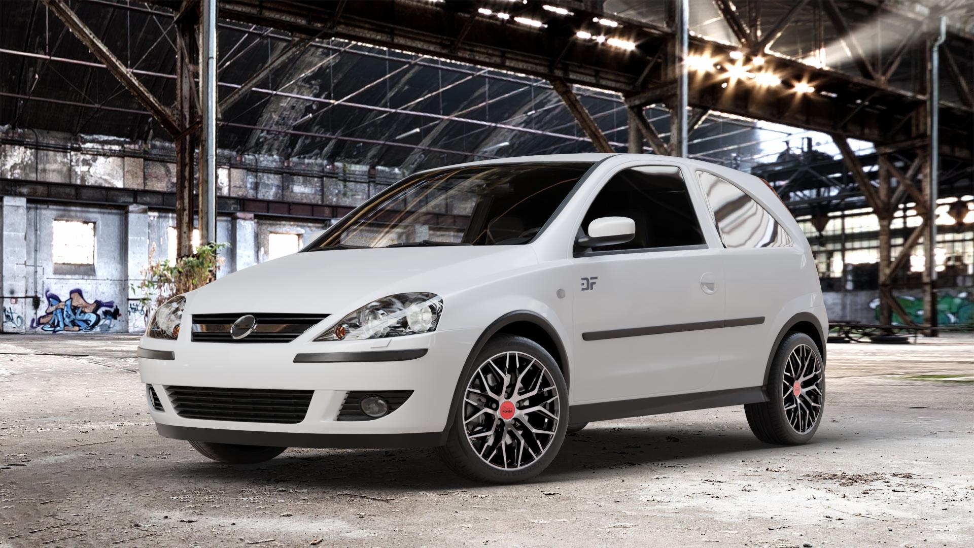 MAM RS4 BLACK FRONT POLISH Felge mit Reifen schwarz in 16Zoll Winterfelge Alufelge auf weissem Opel Corsa C Typ CORSA-C ⬇️ mit 15mm Tieferlegung ⬇️ Old Industrial Hall_max_4400mm_2024 Frontansicht_1