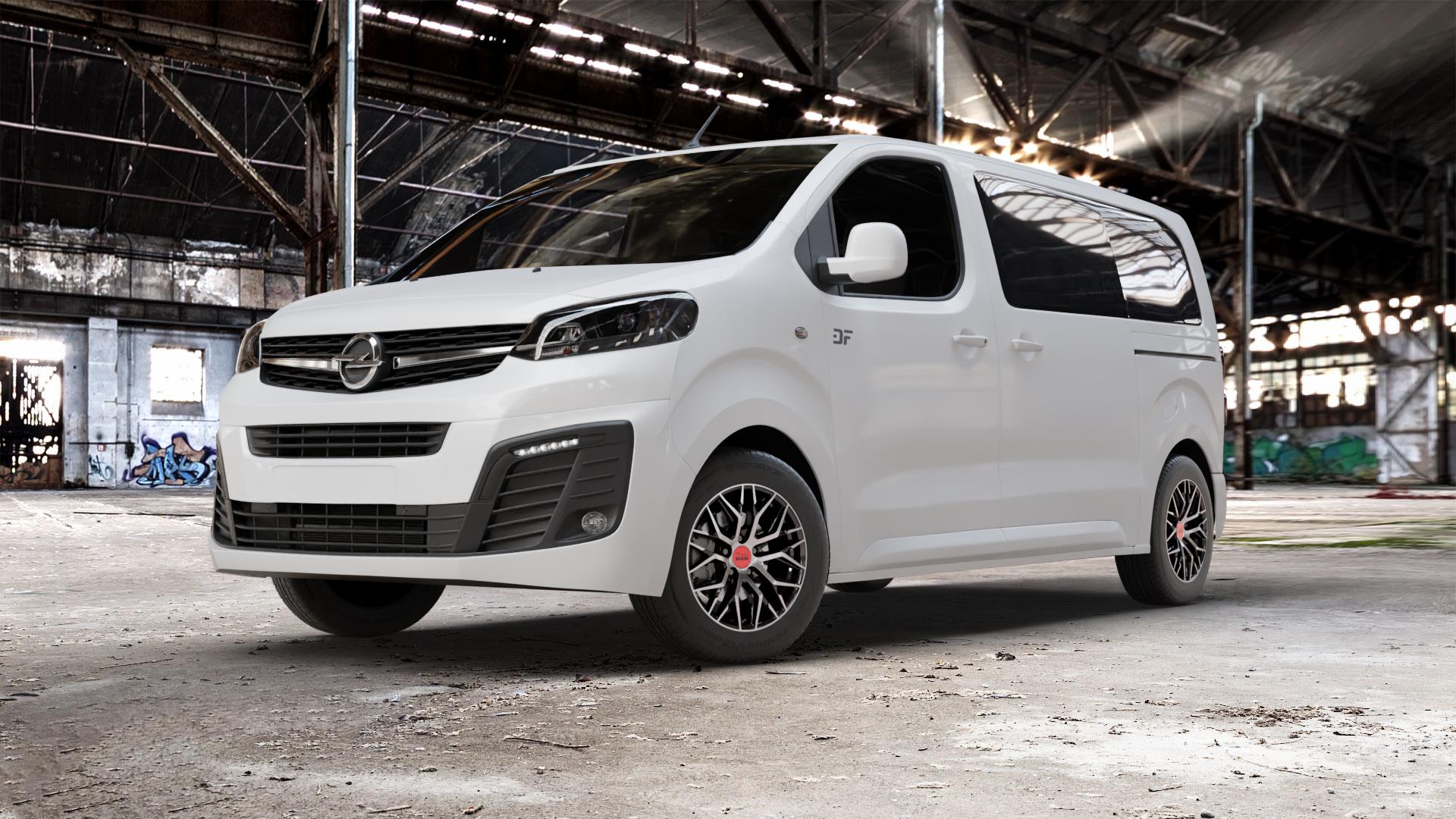 MAM RS4 BLACK FRONT POLISH Felge mit Reifen schwarz in 16Zoll Winterfelge Alufelge auf weissem Opel Zafira Life Typ V ⬇️ mit 15mm Tieferlegung ⬇️ Old Industrial Hall_max_5300mm_2024 Frontansicht_1